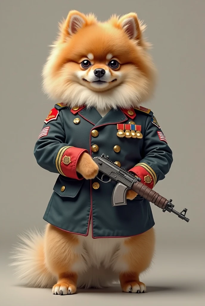 Yellow shiba inu dog in a green military uniform with his fist raised in the air