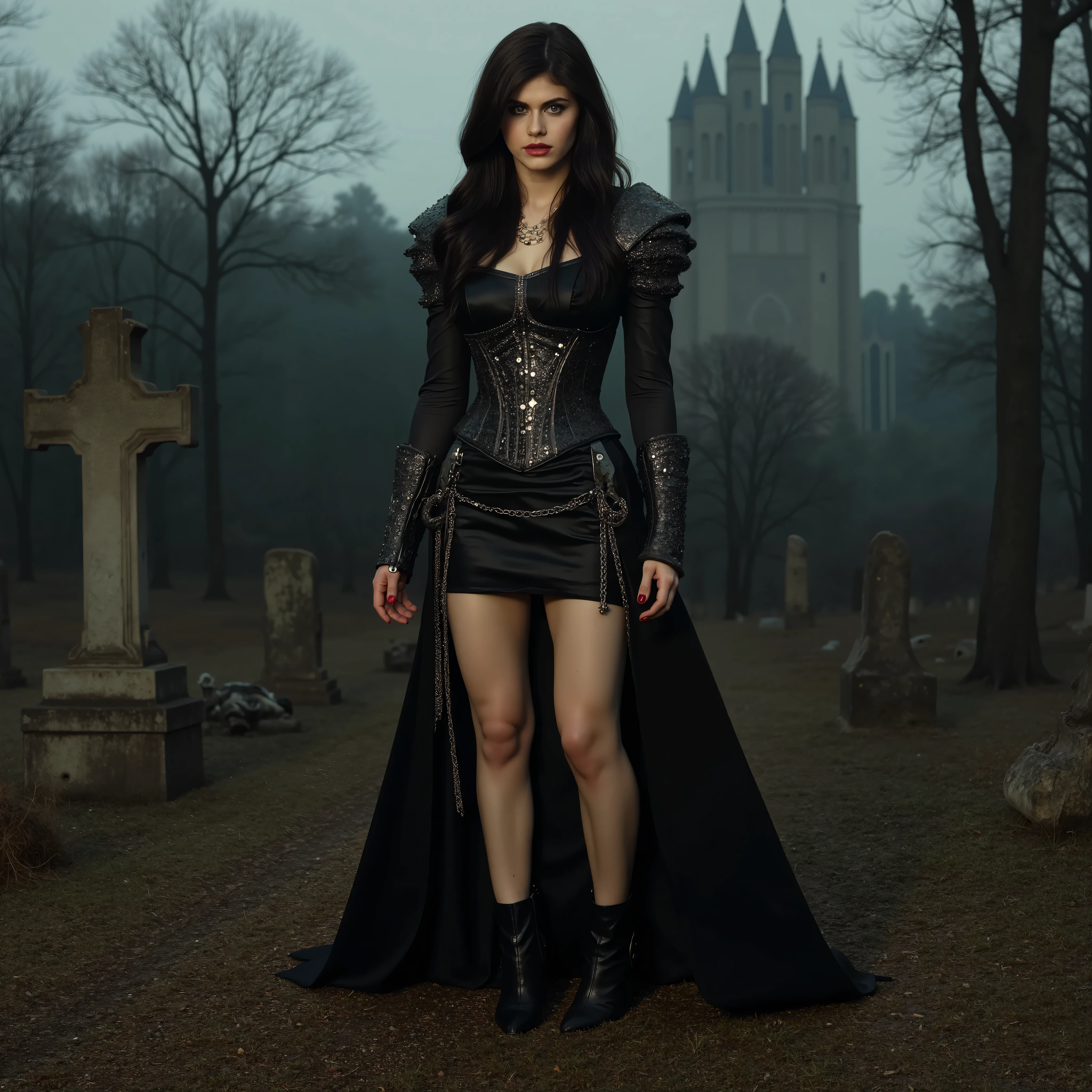 Picture of one woman, Alexandra Daddario is a brunette with black hair in two poses, stands exactly at the full length of the image, 1 pose front view looks straight, 2 back view looks sideways, she's a dark gothic knight necromancer, in a black satin minidress, steel corset with chains, steel shoulder pads with steel studs, black high-heeled boots with pointy toes, stands against the backdrop of a dead, cemeteries, forest and a fabulous dark castle in the distance.