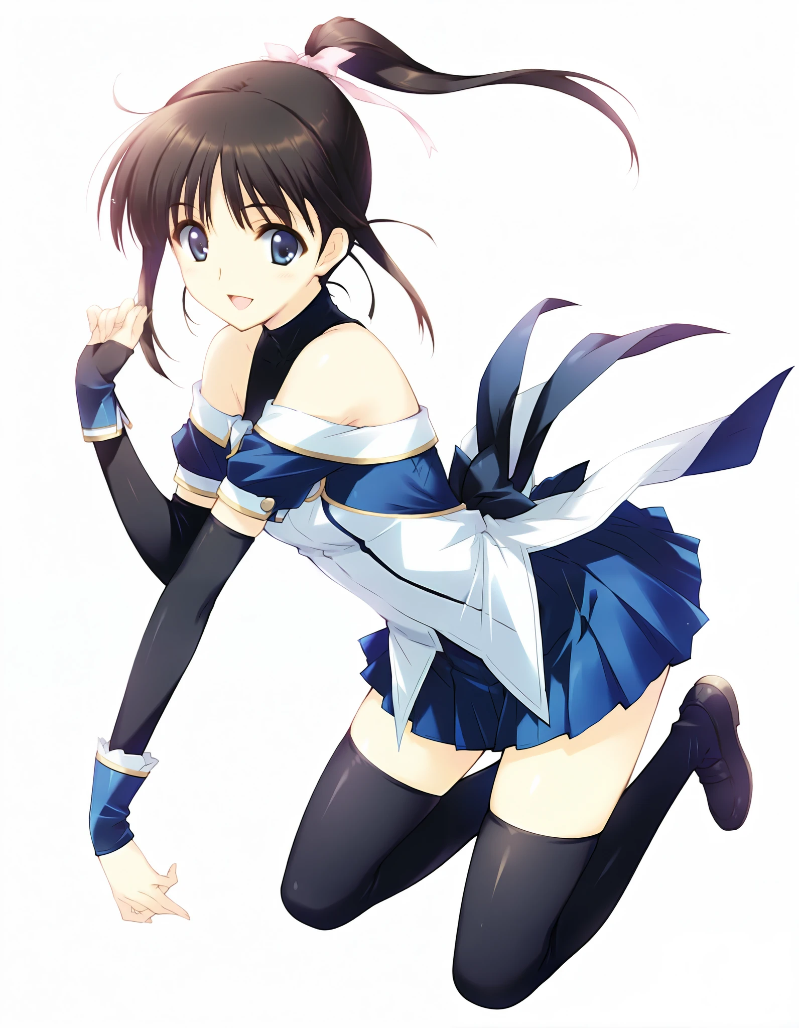masterpiece,best quality,good quality,smile, looking at viewer, solo, anime coloring, ((sugiura_koharu)),sugiura_koharu\(white_album_2\),1girl,solo,black hair,ponytail,hair ribbon,blue eyes,open mouth,1girl,((stage costume,blue and white jacket,off-shoulder,short_sleeves)),((bare shoulders)),((detached sleeves,black sleeves,blue cuffs,sleeves past wrists, blue skirt,pleated_skirt, black_thighhighs)),solo focus, full body, long shot, jumping,Dynamic pose,High solution,. her hair is floating in the air, Reflecting agile movements, Contrasting colors enhance the lively atmosphere of the scene, The speed effect of moving lines adds an anime touch to the action)), (((Motion Effect))), (Like a subtle blur),high jump,(((white back ground))), fighting stance,(((No background))),(((white background)))