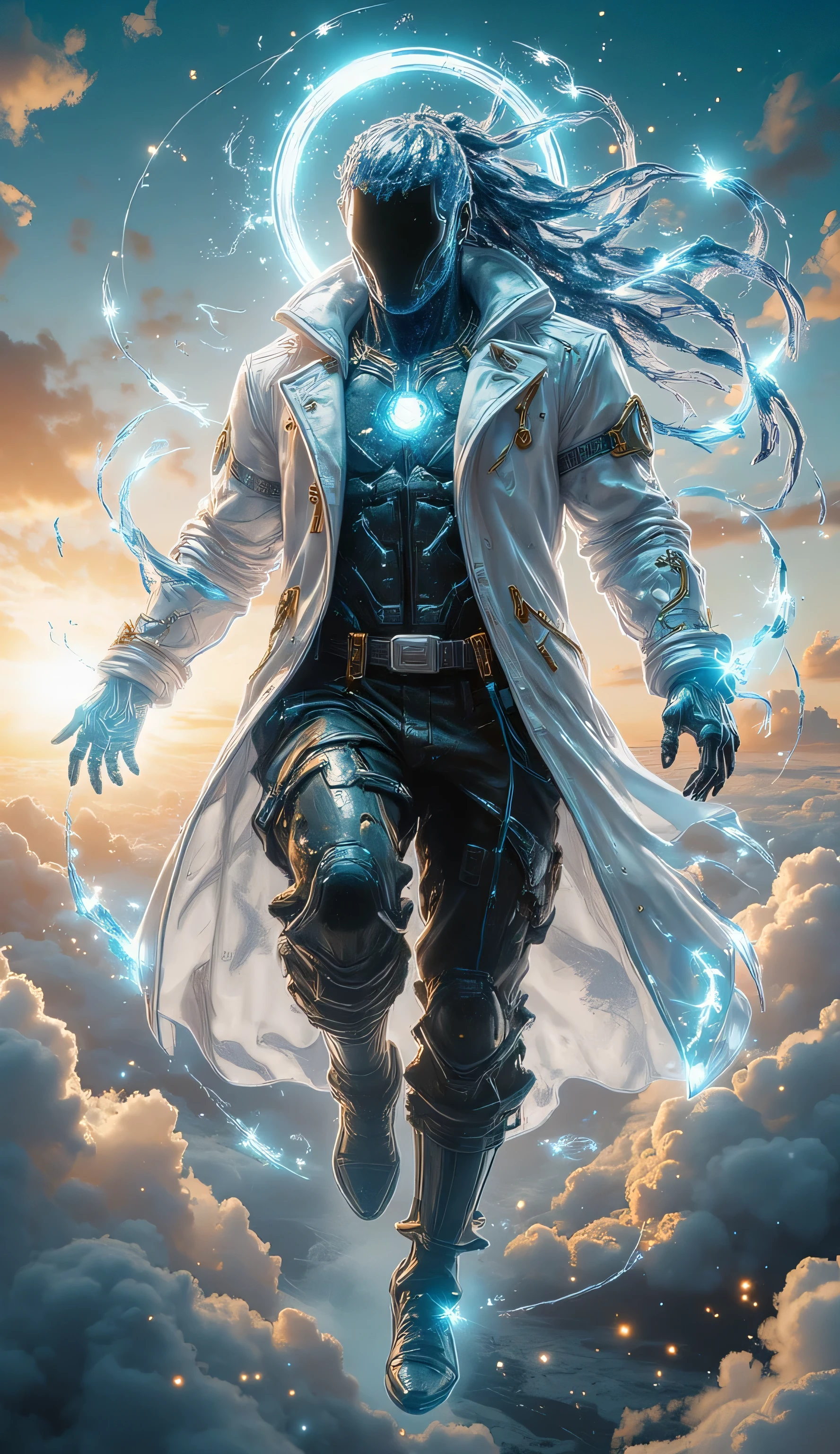 A celestial being floating in the sky, wearing a long, modern white coat made of a light, reflective material with small gold details on the edges and a partially lowered hood. Under the coat, he wears a tight-fitting black technologically textured outfit with long sleeves that have subtle patterns of glowing blue energy.
His head is faceless, being a mass of blue and black cosmic energy, like a miniature black hole with glowing nebulae inside. On top of his head, there is a bright light blue halo, emanating energy and emitting faint electric sparks around it.
His hair, made of the same cosmic substance, flows as if in zero gravity, blending with the space around him, forming waves of energy that dissipate into the surroundings. Some strands of hair are defined, while others turn into pure sparkling blue light.
The surrounding scenery is a majestic sky, filled with voluminous clouds illuminated by a golden and blue sunset. Some clouds shine with particles of light, and the background presents a contrast between the daytime sky and small areas that resemble deep space, as if dimensions were overlapping.
The lighting in the scene is dramatic, with soft reflections on the white coat and intense light coming from the character's halo and energy. Small particles of cosmic dust and light float in the air, reinforcing the ethereal atmosphere.
The art style is highly detailed, semi-realistic with influences from fantasy and sci-fi. The texture of the materials, the glow of the energy and the reflections on the clouds are realistic, while the character design conveys a divine and otherworldly feeling, High resolution, highly detailed, Best quality, masterpiece, 4K, HD, Anime diffusion