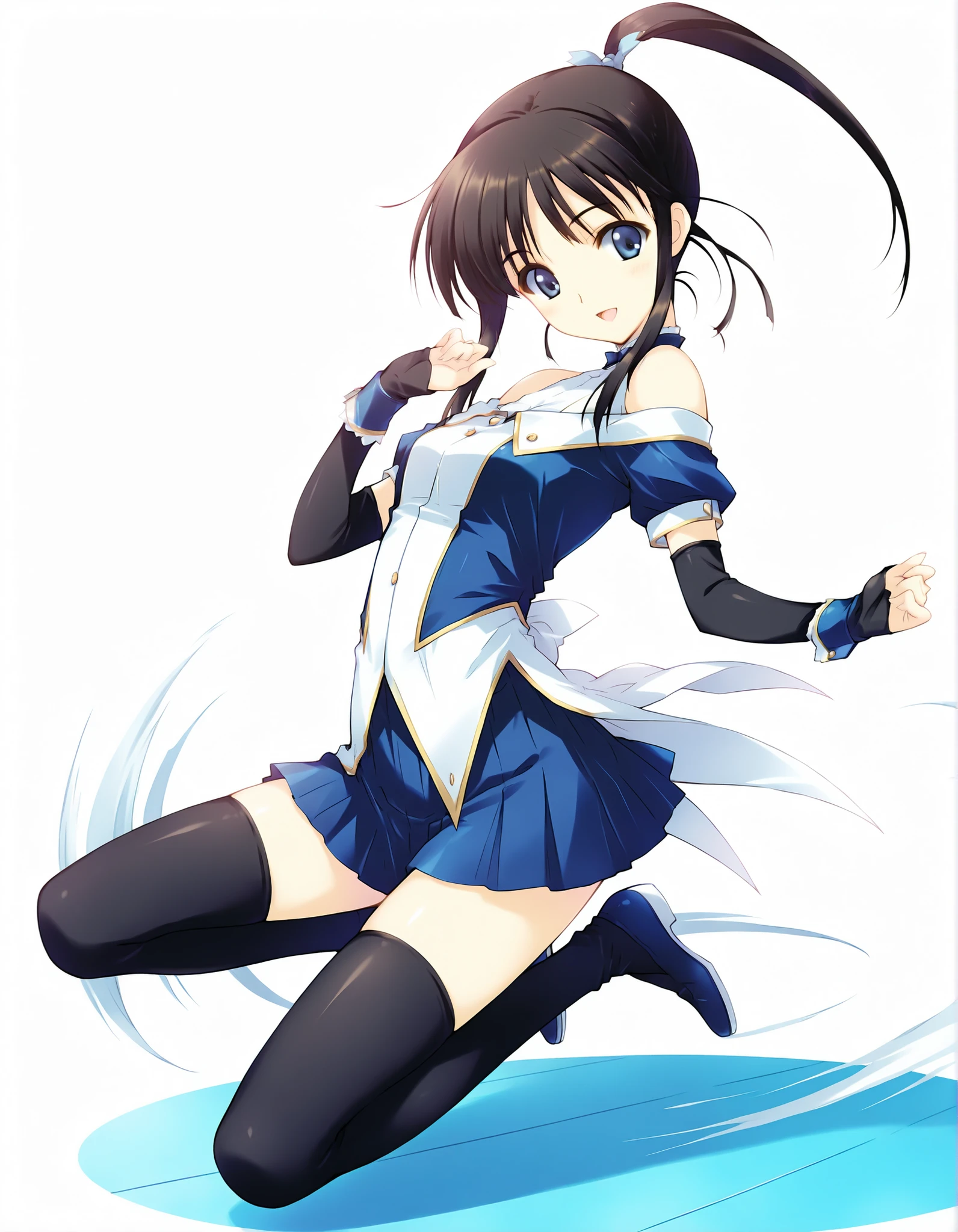 masterpiece,best quality,good quality,smile, looking at viewer, solo, anime coloring, ((sugiura_koharu)),sugiura_koharu\(white_album_2\),1girl,solo,black hair,ponytail,hair ribbon,blue eyes,open mouth,1girl,((stage costume,blue and white jacket,off-shoulder,short_sleeves)),((bare shoulders)),((detached sleeves,black sleeves,blue cuffs,sleeves past wrists, blue skirt,pleated_skirt, black_thighhighs)),solo focus, full body, long shot, jumping,Dynamic pose,High solution,. her hair is floating in the air, Reflecting agile movements, Contrasting colors enhance the lively atmosphere of the scene, The speed effect of moving lines adds an anime touch to the action)), (((Motion Effect))), (Like a subtle blur),high jump,(((white back ground))), fighting stance,(((No background))),(((white background)))
