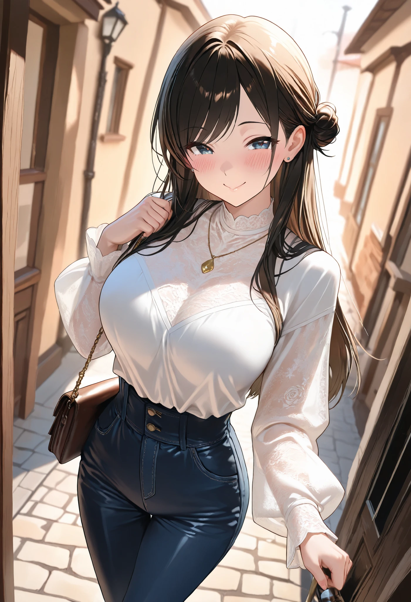 Anime girl in white shirt and blue jeans walking down a street - SeaArt AI