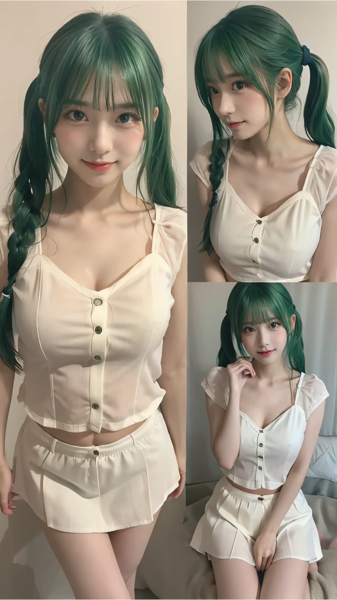 TOP QUALITY、Highest Image、Greatest Masterpiece、 reality:1.3、Ultra Fine、 Professional Shooting Techniques 、Professional lighting techniques 、 beautiful girl、、Young Face、Beautiful small face、High nose、Big pretty eyes、Attractive moist lips、Beautiful breasts、 small nice ass、thin thighs、 beautiful feet、slender body line、bob hair、 Short Twin Tails 、(( green hair))、cute、kind、Healing、Stylish white shirt、miniskirt、 beautiful collarbone 、Japanese anime style illustration、1 person、still shooting site、Cute hand sign、 cute pose 、( stare at the viewer、 mischievous expression )