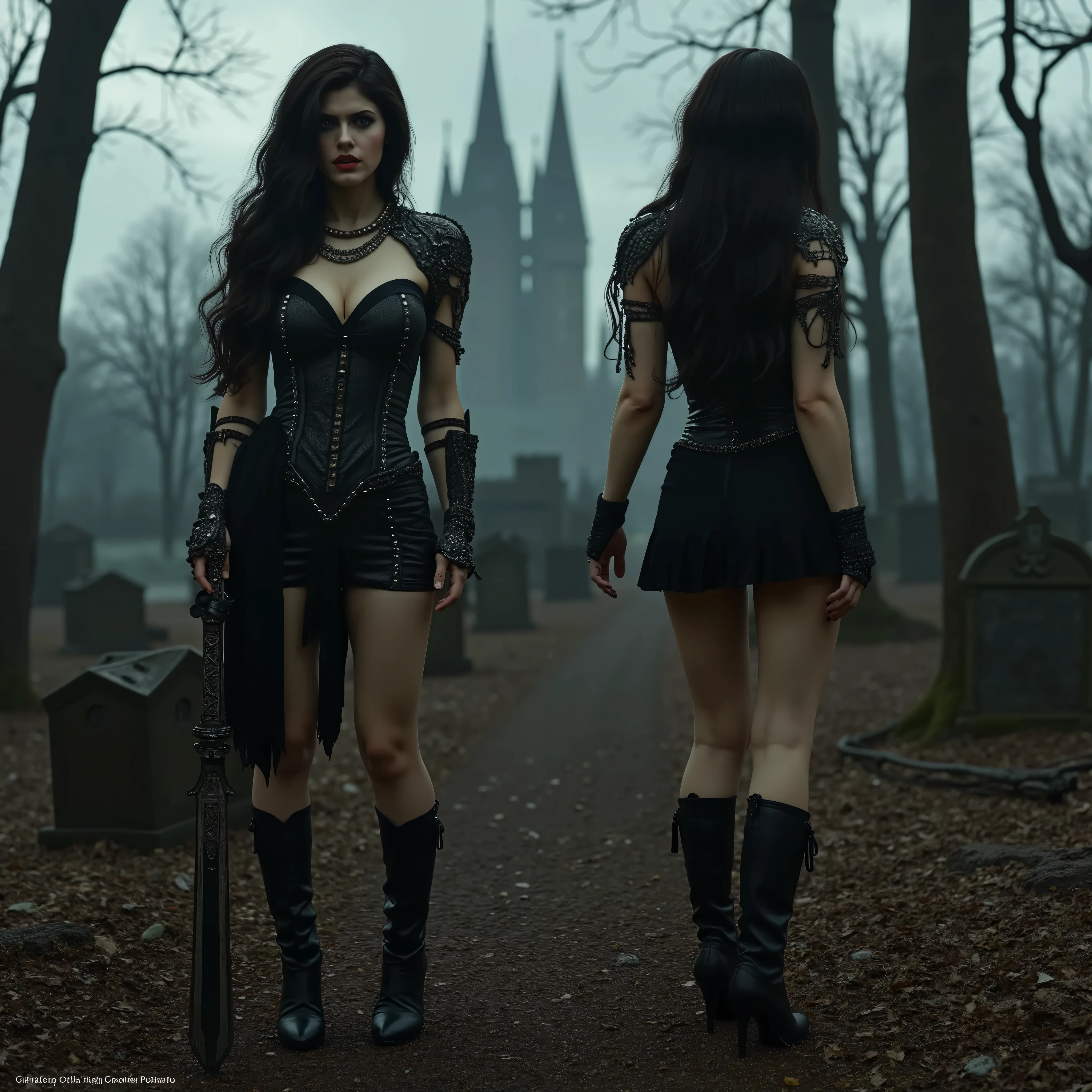 Picture of one woman, Alexandra Daddario is a brunette with black hair in two poses, stands exactly at the full length of the image, 1 pose front view looks straight, 2 back view looks sideways, she's a dark gothic knight necromancer, in a black satin minidress, steel corset with chains, steel shoulder pads with steel studs, black high-heeled boots with pointy toes, stands against the backdrop of a dead, cemeteries, forest and a fabulous dark castle in the distance.