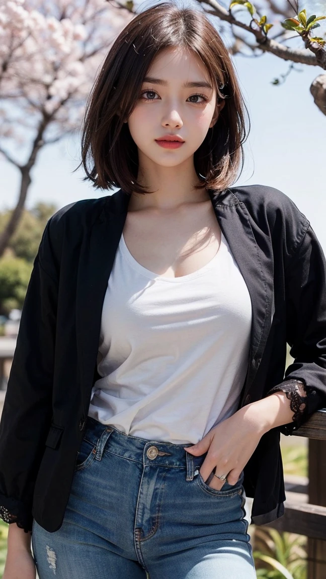 (Raw photography:1.2)、(Photorealsitic:1.4)、(masterpiece:1.3)、(top-quality:1.4)、超A high resolution、(A detailed eye)、(detailed facial features)、(detailed clothes features)、8K分辨率、solofocus、bangss、skin tightening、(shinny skin)、toned legs、(Slender girl)、(a japanese girl)、(Japan Faces)、((short-hair:1.2))、1 girl in、Slim Beauty:1.3、brown haired、Delicate hair、(huge tit:1.3)、new york streets、Detailed street fashion、T-shirt、hotpants、Looking at the camera、The whole body is reflected
