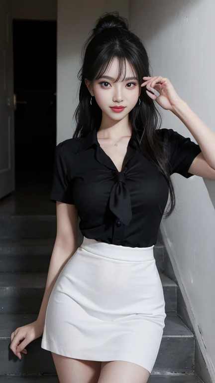 (8k, RAW photo, best quality, masterpiece:1.2), (realistic, photo-realistic:1.37), ultra-detailed,
1 girl, solo,beautiful detailed sky,detailed cafe,night,sitting,(nose blush),(smile:1.1),(closed mouth),large breasts, seductive, smile, large aparture, professional lighting, Sony A7R4, Zessie 50mm F1.8,
beautiful detailed eyes,(black collared shirt:1.1),pleated skirt,(long hair:1.2), (30-years-old), (mature women), her hand under her chin, looking into the distance, dynamic pose, straight bangs, floating hair, --s2