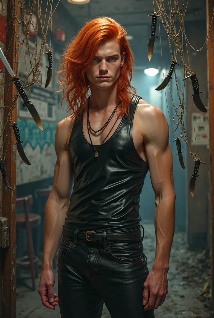 a handsome 20 year old redhead boy, hyper detailed, slim body, hairy armpits, naked, perfect erect penis, arms up holding an iron rod, dramatic lighting, cinematic composition, photorealistic, intricate details, warm color tones, bright lighting - dark, 8k, high resolution