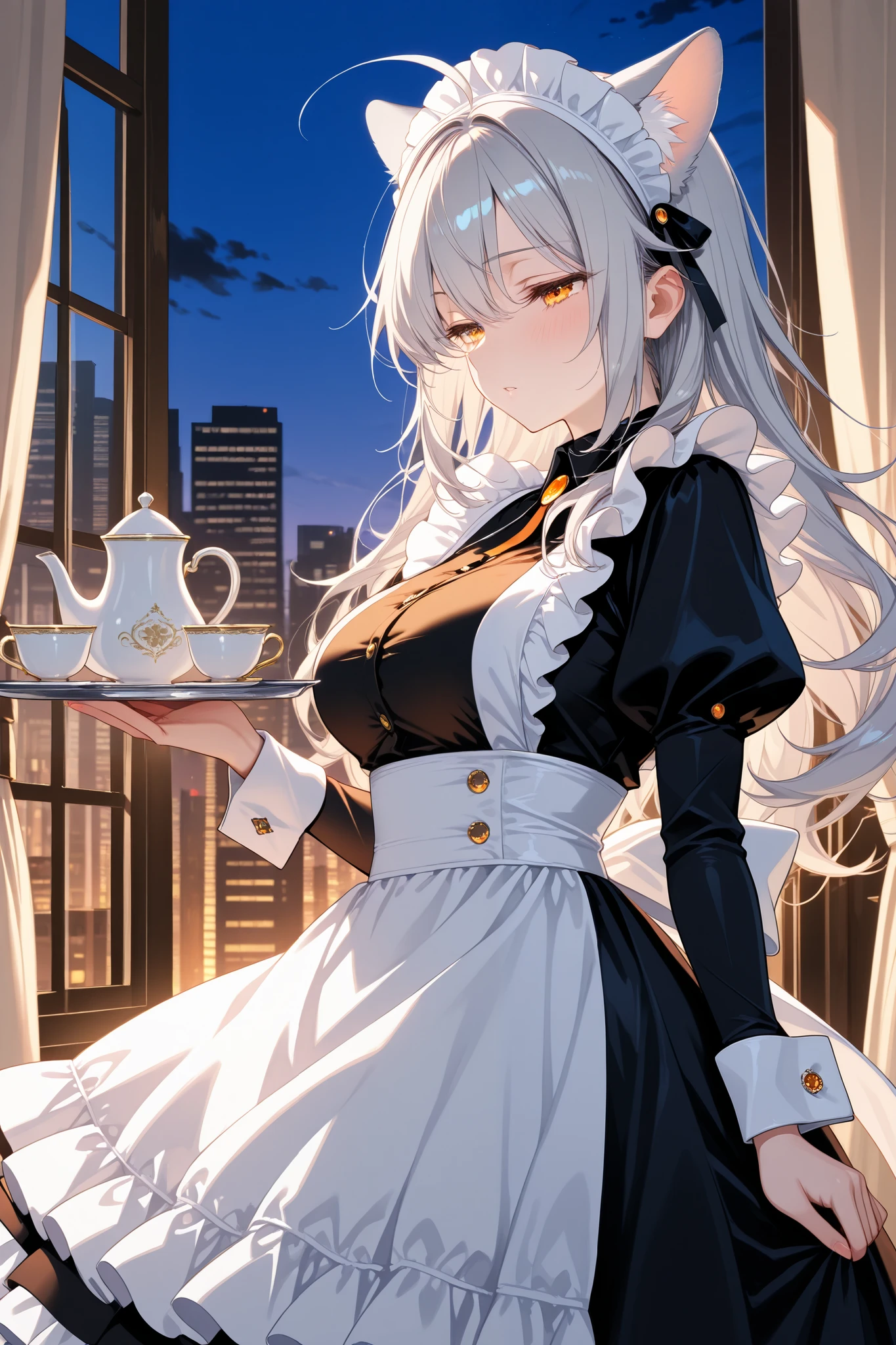 (masterpiece),(absurdres),(ultra detailed),(beautiful detailed)、(solo lady),(28-year-old),(silver cat ears:1.1),(silver hair),(long hair:0.8),(messy hair:1.0),(Ahoge:0.9),(middle breast0.9),(()),(orange eyes),(())、(I can see the city at night from the window:1.4)、side view,looking viewer,(Maid Headdress、Frill Dress、Ruffle sleeves、Juliet sleeve、 wrist cuffs、apron、Silver Tray、 tea set ,),half-closed eyes,waiting for kiss face,Koo