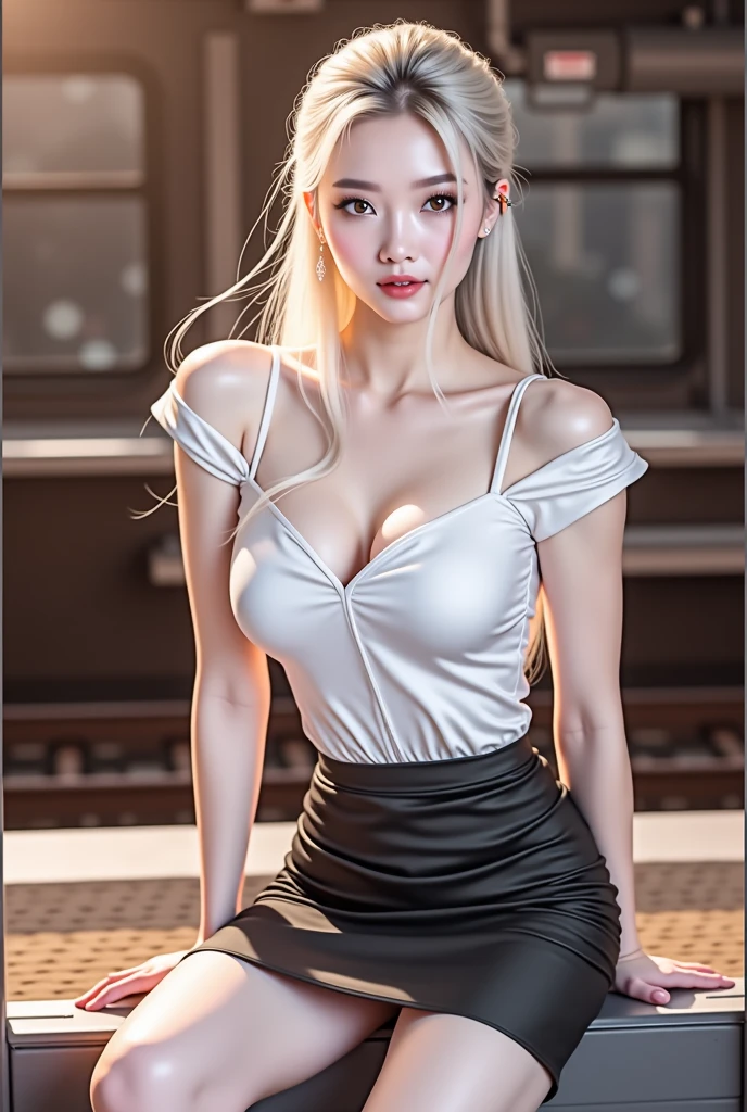very hot sexy white girl, half naked boobs expose, Thigh-high split satin dress, Beauty salon, vibrant, breast out fashion