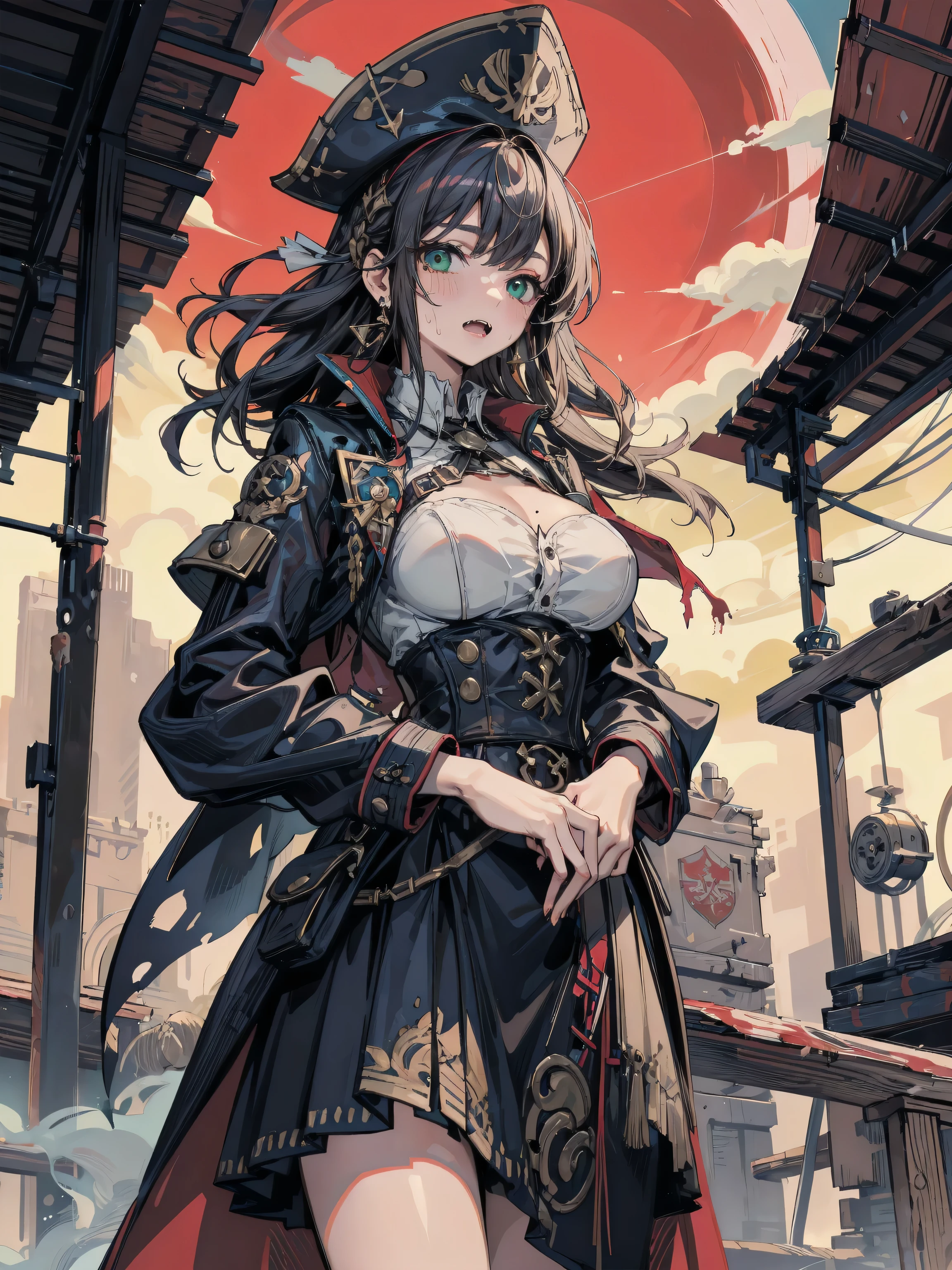 pirate, torn blouse, medium breasts, brown leather pants, toned body, orange hair, curly wet hair, waist length hair, confident smirk, pirate ship, tentacles reaching for her body, tentacles wrapped around her legs, night time, lanterns lighting the area