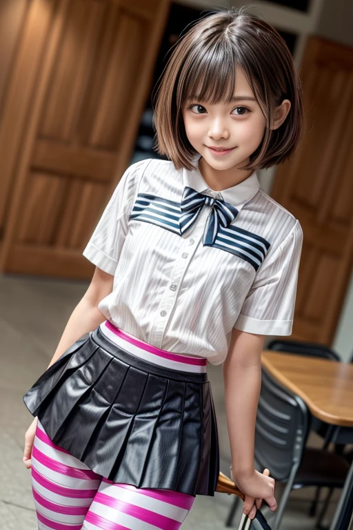 2 girls at school, Walking through school, (white blouse)、(pleated micro uniform ),bangs,smile, ( thighs) , video viewer, ( low angle:1.2),( Colored Leggings with Horizontal Stripes Under the Skirt :1.3), ((horizontal striped rubber leggings)),(Knee-length short spats that stick slightly out of the skirt:1.2), (low angle:1.2), 、