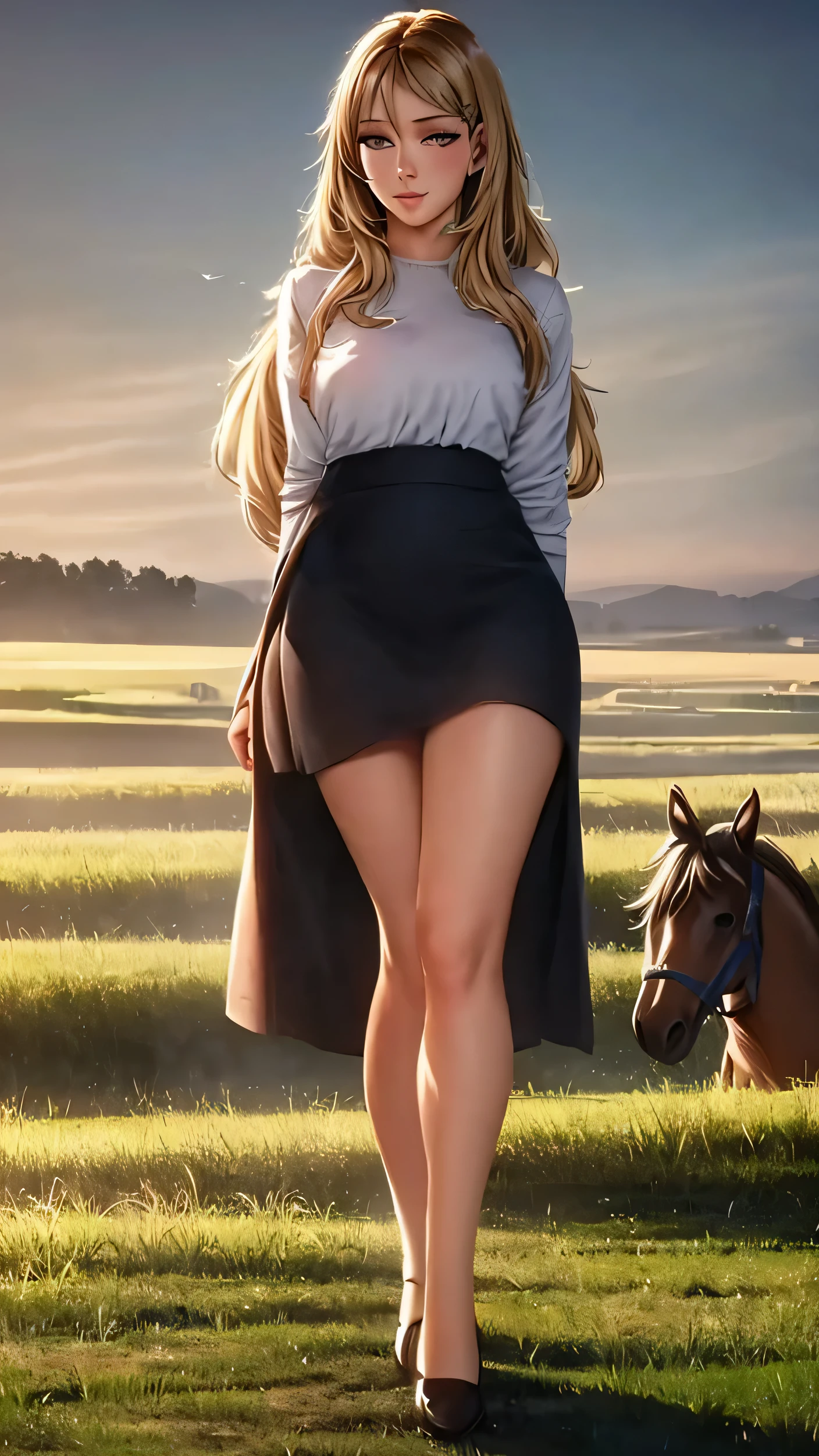 girl, blonde, facial details , beautiful eyes, red shirt, alone, hair ornament , hair clips, long hair, dark blue checked skirt, , Attention audience , lips, In the grassland, There's a horse next to it , Full Body High Quality Image 、 Under Bright Sunlight , white shirt, Prairie scenery in the background 。