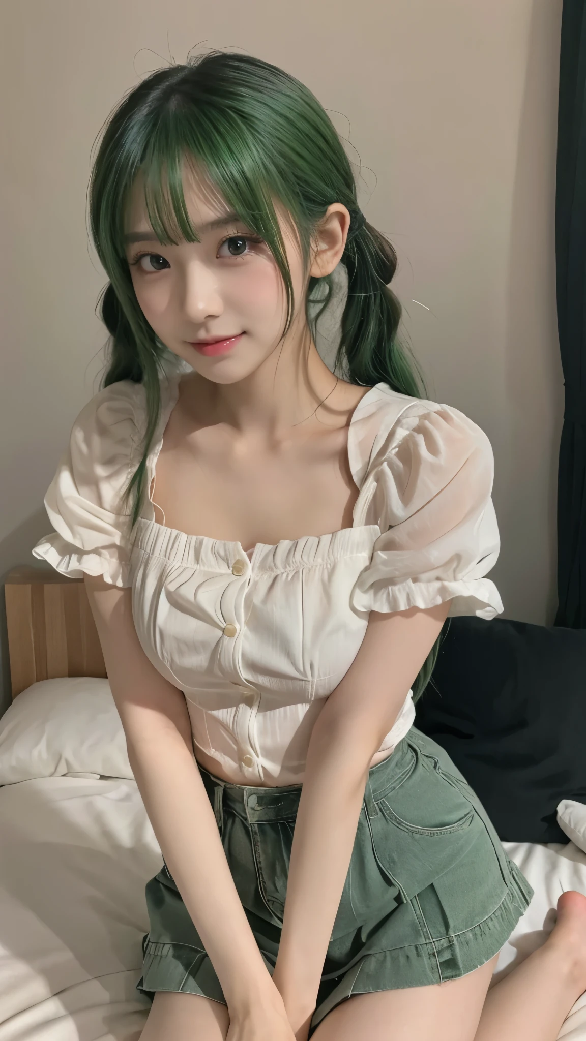 TOP QUALITY、Highest Image、Greatest Masterpiece、 reality:1.3、Ultra Fine、 Professional Shooting Techniques 、Professional lighting techniques 、 beautiful girl、、Young Face、Beautiful small face、High nose、Big pretty eyes、Attractive moist lips、Beautiful breasts、 small nice ass、thin thighs、 beautiful feet、slender body line、bob hair、 Short Twin Tails 、(( green hair))、cute、kind、Healing、Stylish white shirt、miniskirt、 beautiful collarbone 、Japanese anime style illustration、1 person、still shooting site、Cute hand sign、 cute pose 、( stare at the viewer、 mischievous expression )