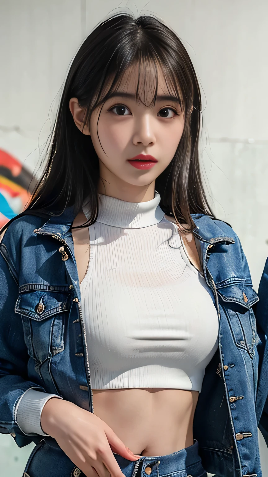 ((Top quality, masterpiece, 8K, best image quality, ultra-high resolution)),((Girl who looks like TWICE's Tzuyu)),(Korean beauty),(One girl),(Long narrow eyes, slanted eyes),(Black hair: 1.2, Long hair),(Small face: 1.2, Fair skin),(Slender, Big breasts: 1.3),(Sexy, Glossy, Mature),(The most beautiful face in the world),(Denim: 1.1),(Simple background)