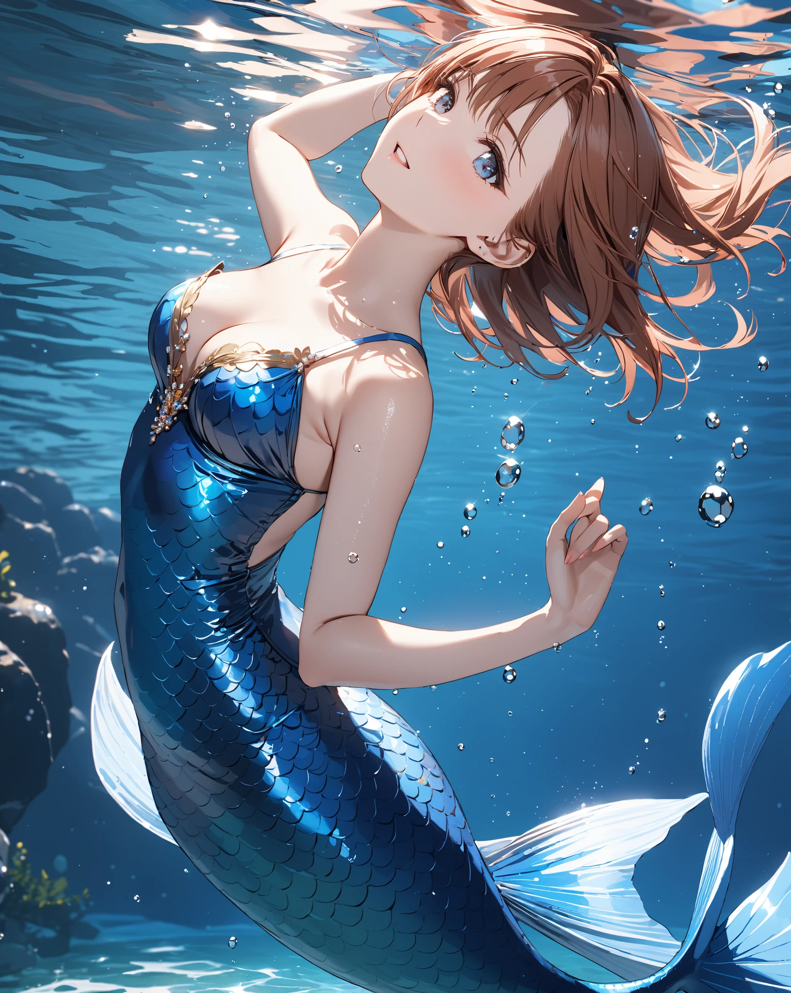 a detailed rendering of a beautiful young mermaid with short brown hair and blue eyes, her expression is shocked, 1 girl, bikini top floating away, scales on chest, underwater scene with magikarp tail, medium breasts, groin outline, (best quality,4k,8k,highres,masterpiece:1.2),ultra-detailed, HDR,UHD,studio lighting,ultra-fine painting,sharp focus,physically-based rendering,extreme detail description,professional,vivid colors,bokeh