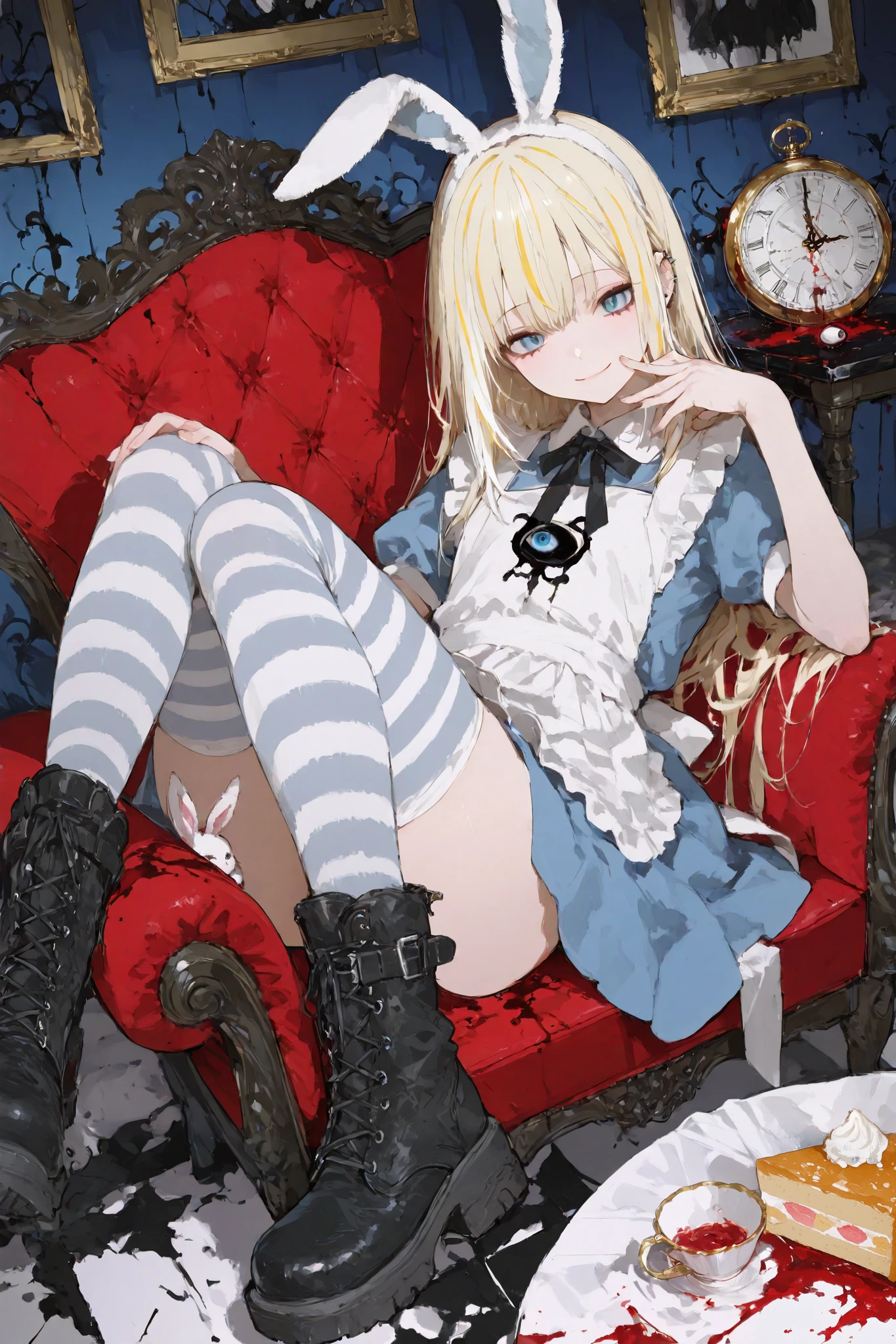 illustration, best quality, dramatic lighting, 00118_illu
,r17329_illu,masterpiece, best quality, ultra-detailed, 1cute chibi girl,dark gothic twisted version of Alice in Wonderland. The character sits casually in a large, plush red chair, her pose relaxed but her expression unsettling, with a sly smile and piercing blue eyes that glow unnaturally. Her blonde hair, streaked with blue, falls messily over her face, and her bunny ears are slightly askew, adding to her chaotic appearance. She wears a traditional Alice-style blue dress, but the fabric is tattered and stained with blood, especially around her apron, which is splattered with red, as though she’s been involved in something sinister. In one hand, she holds a bloodied eyeball, the veins and details of the eye rendered with disturbing realism, while her other hand rests on her lap, her fingers also stained with blood. Her striped stockings and combat boots are similarly splattered, with the words "Alice in Underland" scrawled in white across her legs. The table before her is covered in blood-splattered desserts—a donut with a bite taken out of it, a piece of cake smeared with red syrup, and a teacup overturned, spilling blood across the white tablecloth. A golden pocket watch lies beside the chaos, its hands frozen in time, also covered in splatters of blood. The lighting is soft but eerie, casting long shadows that give the scene a dark, foreboding atmosphere. The overall composition is both detailed and disturbing, with the photorealistic textures of the blood, fabric, and food adding to the unsettling nature of the scene.