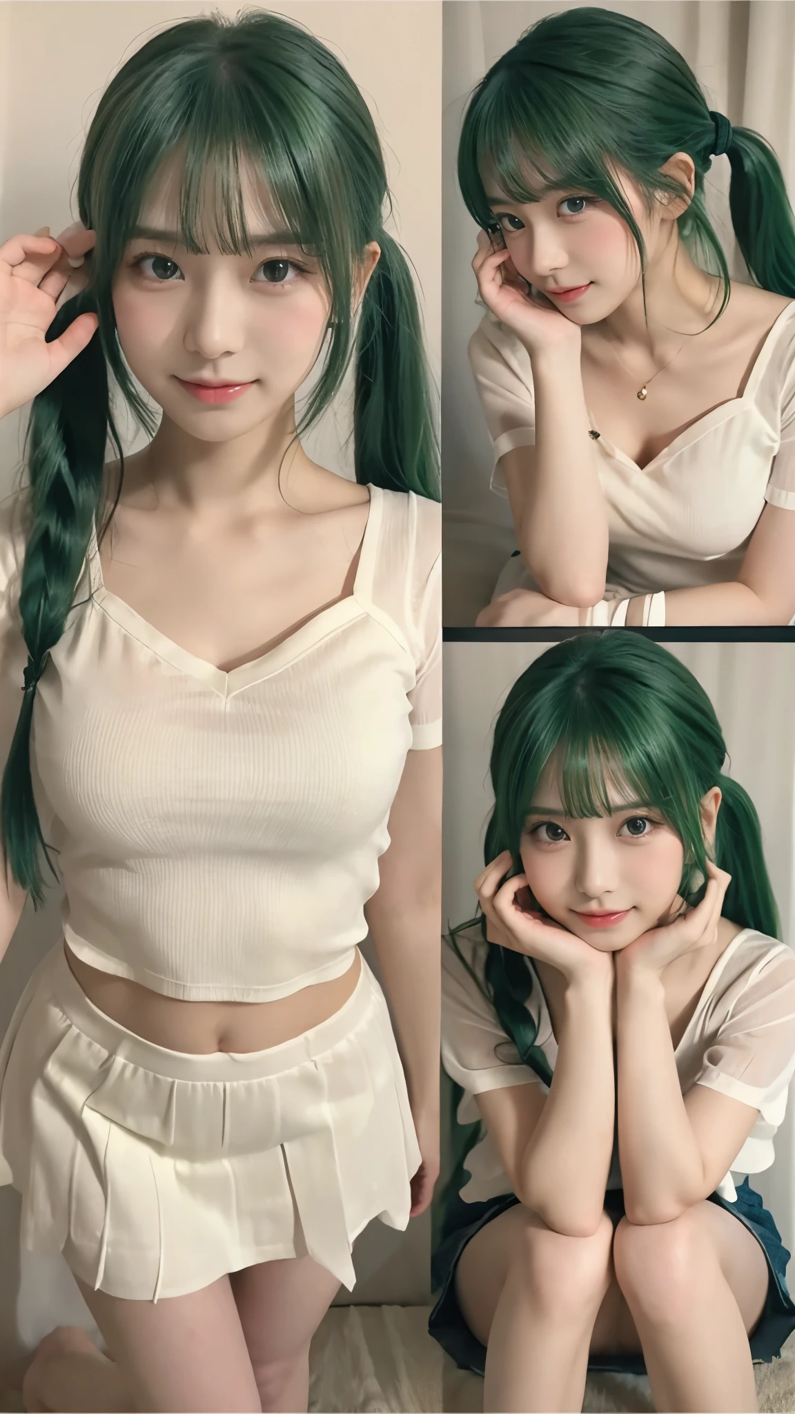 TOP QUALITY、Highest Image、Greatest Masterpiece、 reality:1.3、Ultra Fine、 Professional Shooting Techniques 、Professional lighting techniques 、 beautiful girl、、Young Face、Beautiful small face、High nose、Big pretty eyes、Attractive moist lips、Beautiful breasts、 small nice ass、thin thighs、 beautiful feet、slender body line、bob hair、 Short Twin Tails 、(( green hair))、cute、kind、Healing、Stylish white shirt、miniskirt、 beautiful collarbone 、Japanese anime style illustration、1 person、still shooting site、Cute hand sign、 cute pose 、( stare at the viewer、 mischievous expression )
