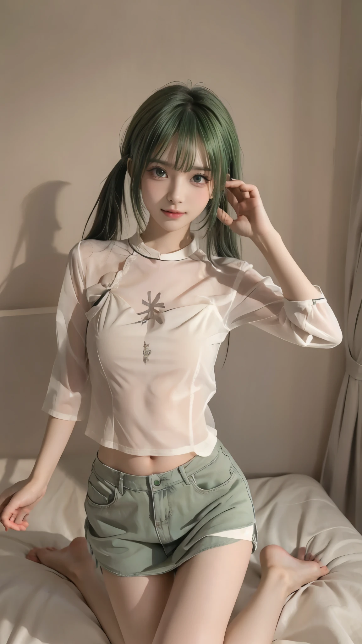 TOP QUALITY、Highest Image、Greatest Masterpiece、 reality:1.3、Ultra Fine、 Professional Shooting Techniques 、Professional lighting techniques 、 beautiful girl、、Young Face、Beautiful small face、High nose、Big pretty eyes、Attractive moist lips、Beautiful breasts、 small nice ass、thin thighs、 beautiful feet、slender body line、bob hair、 Short Twin Tails 、((Bright green hair:1.2))、cute、kind、Healing、Stylish white shirt、miniskirt、 beautiful collarbone 、Japanese anime style illustration、1 person、still shooting site、Cute hand sign、 cute pose 、( stare at the viewer、 mischievous expression ), (detailed hands and feet :1.3, Perfectly correct hands and feet:1.3)