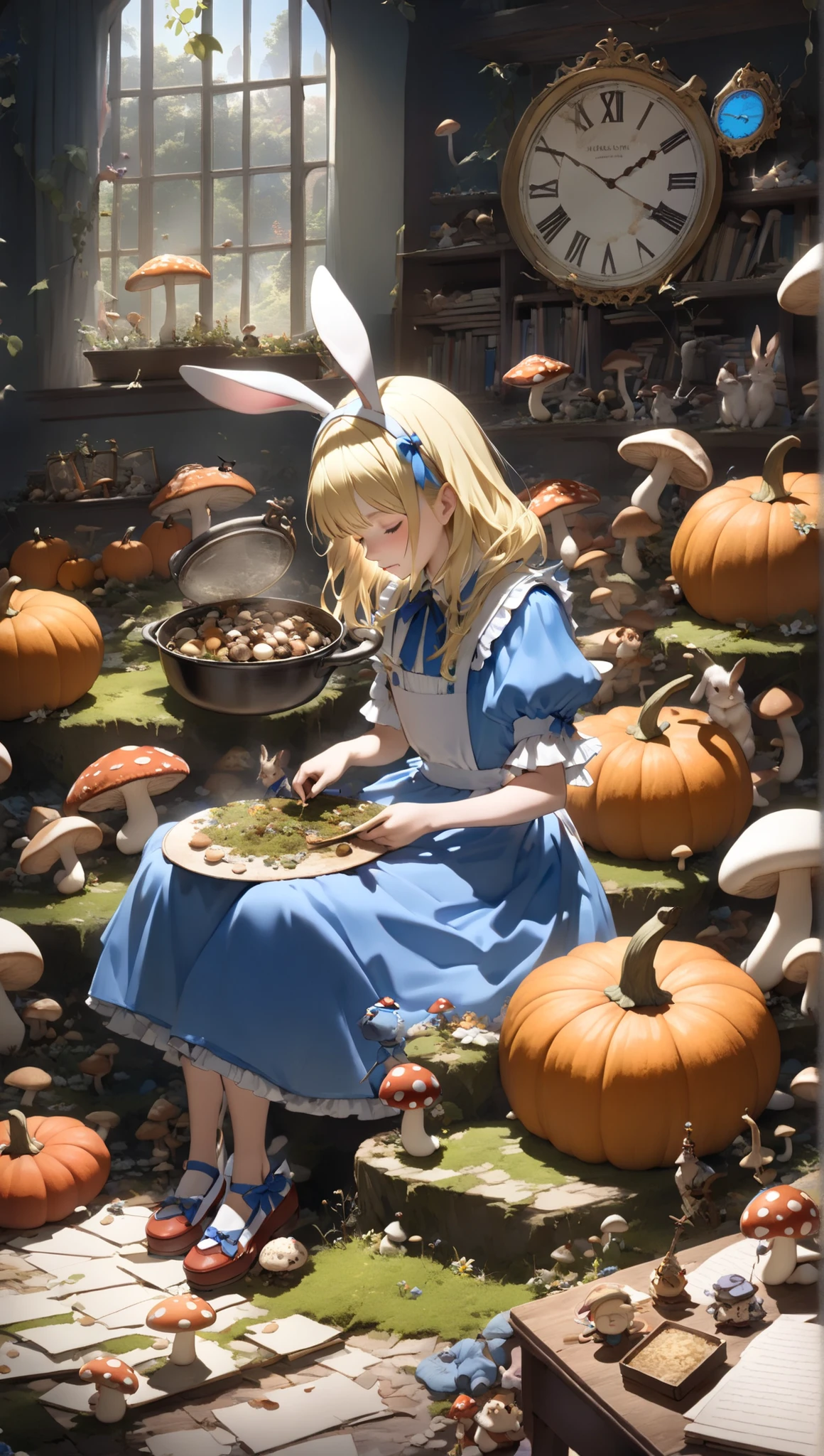 masterpiece, best quality, an Alice (Alice in wonderland) eating psychedelic mushrooms