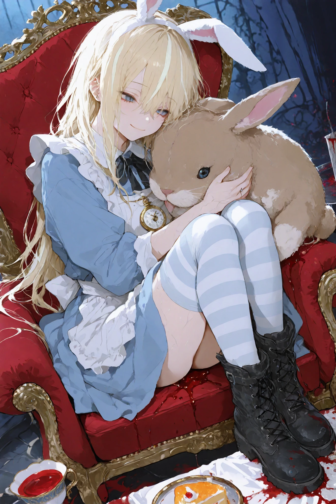 illustration, best quality, dramatic lighting, 00118_illu
,r17329_illu,masterpiece, best quality, ultra-detailed, photorealistic depiction of a twisted version of Alice in Wonderland. The character sits casually in a large, plush red chair, her pose relaxed but her expression unsettling, with a sly smile and piercing blue eyes that glow unnaturally. Her blonde hair, streaked with blue, falls messily over her face, and her bunny ears are slightly askew, adding to her chaotic appearance. She wears a traditional Alice-style blue dress, but the fabric is tattered and stained with blood, especially around her apron, which is splattered with red, as though she’s been involved in something sinister. In one hand, she holds a bloodied eyeball, the veins and details of the eye rendered with disturbing realism, while her other hand rests on her lap, her fingers also stained with blood. Her striped stockings and combat boots are similarly splattered, with the words "Alice in Underland" scrawled in white across her legs. The table before her is covered in blood-splattered desserts—a donut with a bite taken out of it, a piece of cake smeared with red syrup, and a teacup overturned, spilling blood across the white tablecloth. A golden pocket watch lies beside the chaos, its hands frozen in time, also covered in splatters of blood. The lighting is soft but eerie, casting long shadows that give the scene a dark, foreboding atmosphere. The overall composition is both detailed and disturbing, with the photorealistic textures of the blood, fabric, and food adding to the unsettling nature of the scene.