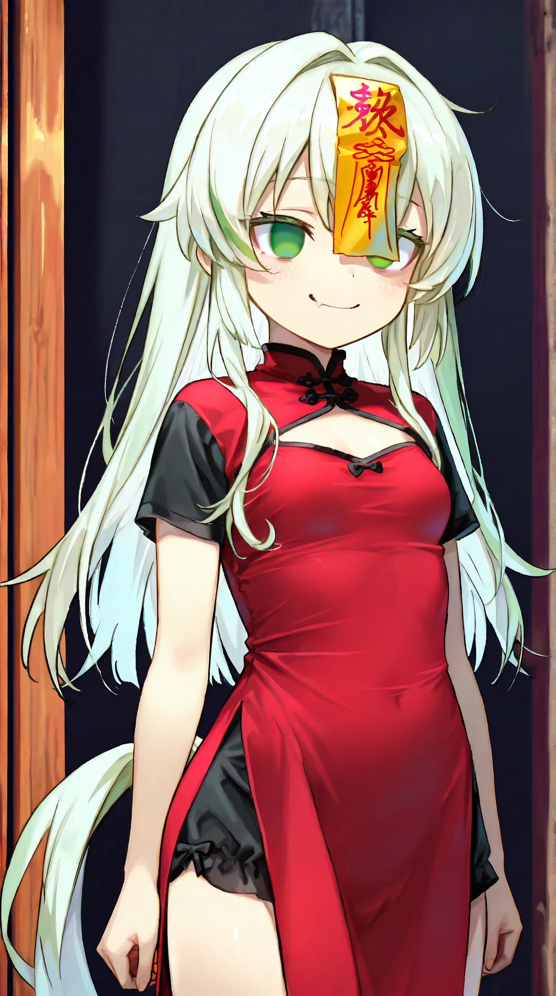 (high quality, ultra-detailed), female, white hair with few red highlights strands, short side pony tail, solo, emerald eye color both empty eyes, anatomically correct, smiling softly, medium breast (clothed), Guanfu dress (Jiangshi) (black) (short sleeves), lovely, fang, anatomically correct, small breast (clothed), eye level shot, long hair down straight