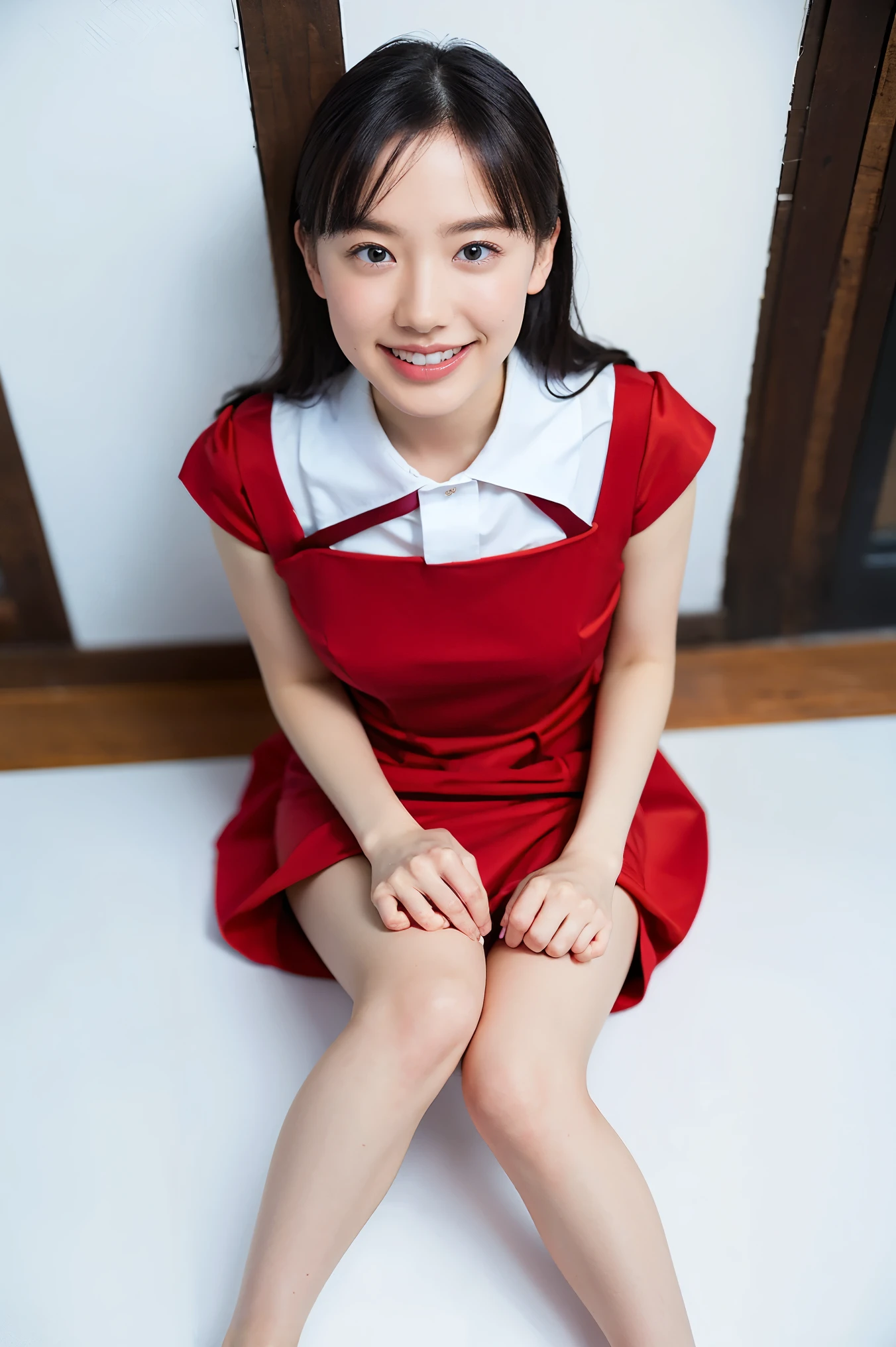 ( masterpiece, TOP QUALITY:1.2), (reality:1.5), (realistic, photo realistic:1.5), from above, 1 girl, Alone, 18 years old, very short height , Short torso, long hair, plump figure , big breast, Striptease, thin waist, ( red dress with white collar :1.5, white party :1.5), (smile, opened my mouth), Lie down and spread your legs, skirt flip, panties, 美しく精巧に描かれた腕とhand , beautifully detailed fingers , beautifully drawn legs and legs in every detail , beautifully detailed fingers of foot, negative _hand, negative _hand-NEG,