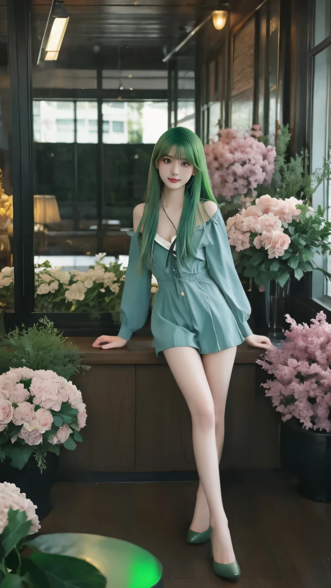 high resolution,超high resolution,8k,Ultra Fine,TOP QUALITY, masterpiece, Super Fine Paintings , detailed depiction of up to the front door,1 girl, upper body,((素敵な髪型, green hair:1.2)),(Beautiful breasts, Upward bust), similarly , glowing neon lights , intermediate shot,Fujifilm X-T4 + 23mm f/2 Lenses,dusk,Flower Farm,watch viewers, ( detailed legs:1.3, thin thighs, beautiful feet:1.2), ( detailed hands:1.4, perfect right hand:1.3), ( Detailed Eyes and Faces :1.2, Professional Shooting Techniques , Professional lighting techniques )