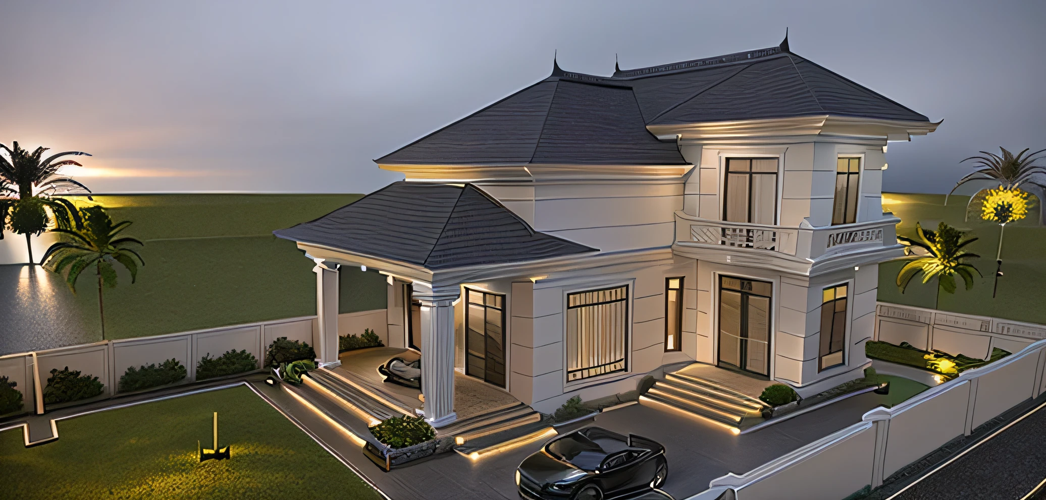 a drawing of a house with a car parked in front of it, nhìn front dramatic, frontview, 3 d render ing , 3d rendering, exterior design , front-view, nhìn front , complete house , front view, front perspective , digital enhancement , one house, excellent rendering, front , 3d render, idea house , 3 d render