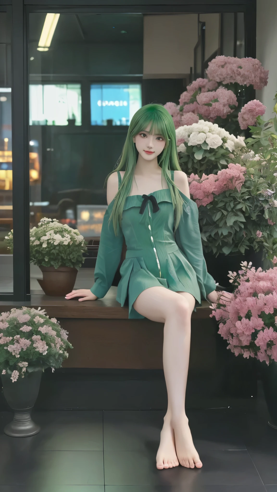 high resolution,超high resolution,8k,Ultra Fine,TOP QUALITY, masterpiece, Super Fine Paintings , detailed depiction of up to the front door,1 girl, upper body,((素敵な髪型, green hair:1.2)),(Beautiful breasts, Upward bust), similarly , glowing neon lights , intermediate shot,Fujifilm X-T4 + 23mm f/2 Lenses,dusk,Flower Farm,watch viewers, ( detailed legs:1.3, thin thighs, beautiful feet:1.2), ( detailed hands:1.3, perfect right hand:1.3), ( Detailed Eyes and Faces :1.2, Professional Shooting Techniques , Professional lighting techniques )