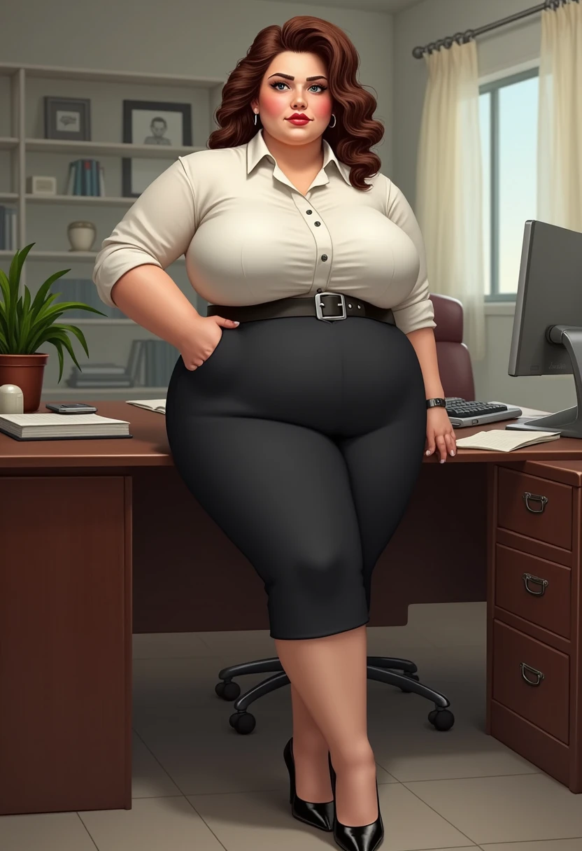 photorealistic, cinematic, <lyco:symodel-3-0-a3-lyco-extract:0.8>, thick thighs, wide hips, clothed midsection, <lora:ethica:0.4>, fat ethica, chubby face, business casual outfit, blue sweater vest, pants, leaning on a conference room table