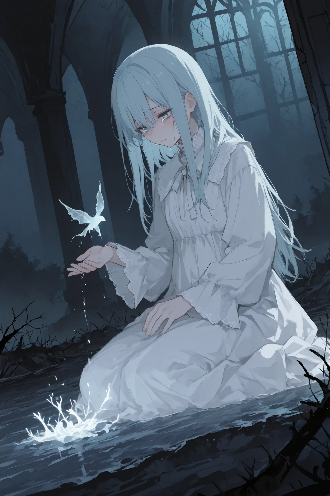 illustration, best quality, dramatic lighting, 00118_illu
,r17329_illu,vast and desolate underworld, deep and cold river separating the living and the dead, faint mist rising from the dark waters, ung maiden kneeling by the riverbank, tears falling endlessly into the current, flowing white dress, sorrowful and distant expression, shadowy figures on the opposite shore reaching out, pale blue ethereal light illuminating the scene, melancholic and haunting atmosphere, timeless and tragic tone, cinematic and emotional composition,