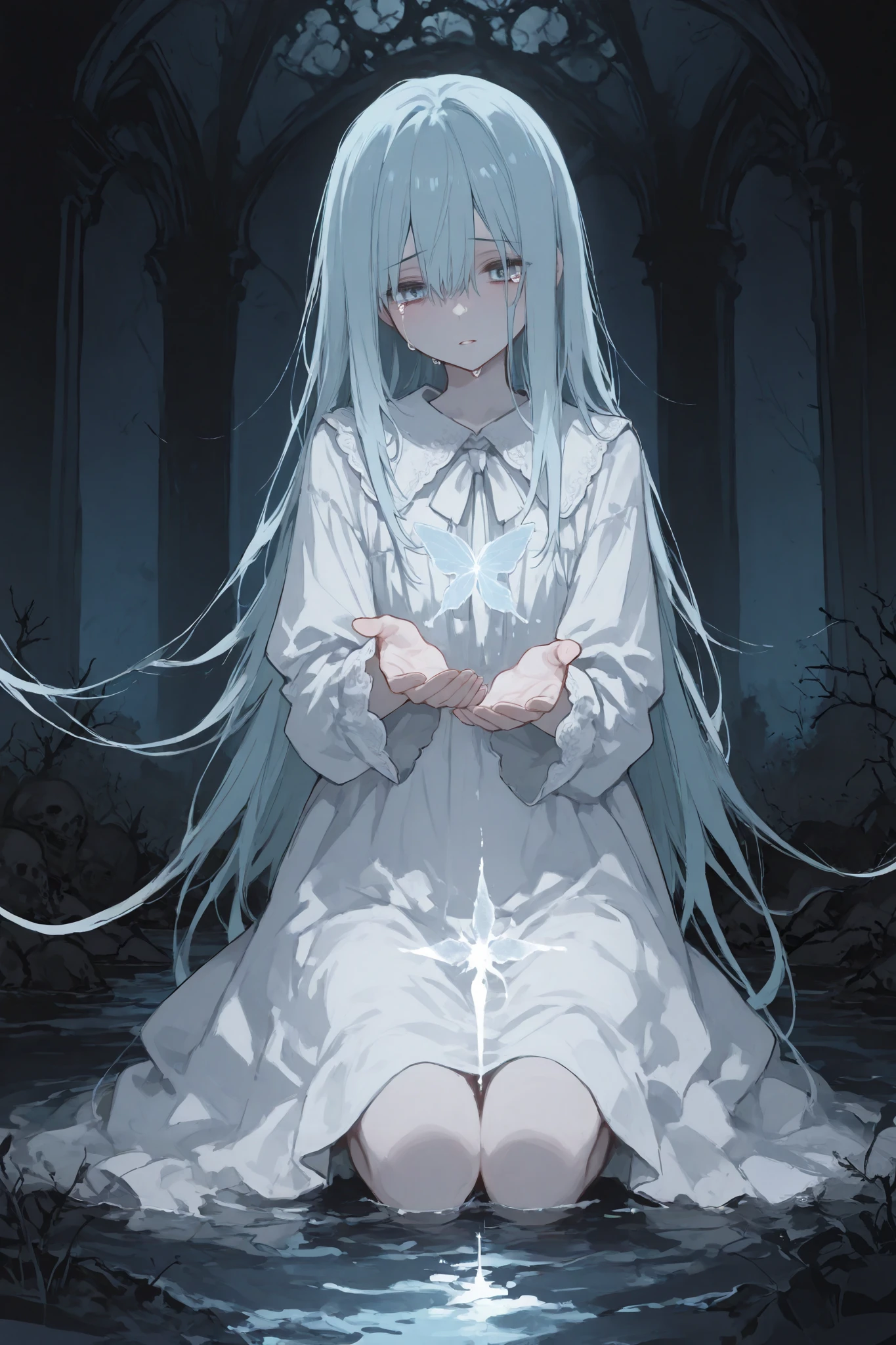illustration, best quality, dramatic lighting, 00118_illu
,r17329_illu,vast and desolate underworld, deep and cold river separating the living and the dead, faint mist rising from the dark waters, ung maiden kneeling by the riverbank, tears falling endlessly into the current, flowing white dress, sorrowful and distant expression, shadowy figures on the opposite shore reaching out, pale blue ethereal light illuminating the scene, melancholic and haunting atmosphere, timeless and tragic tone, cinematic and emotional composition,