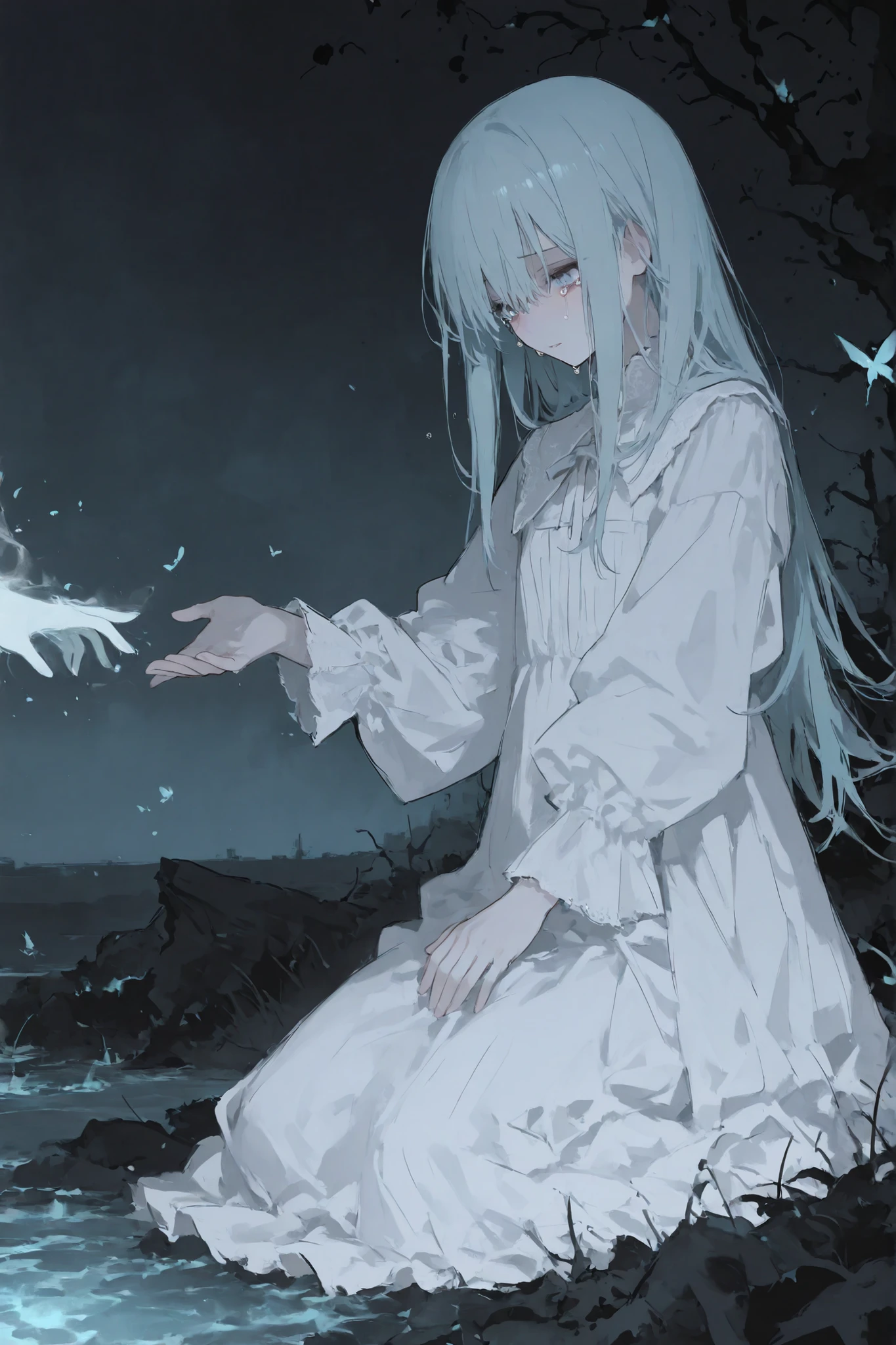 illustration, best quality, dramatic lighting, 00118_illu
,r17329_illu,vast and desolate underworld, deep and cold river separating the living and the dead, faint mist rising from the dark waters, ung maiden kneeling by the riverbank, tears falling endlessly into the current, flowing white dress, sorrowful and distant expression, shadowy figures on the opposite shore reaching out, pale blue ethereal light illuminating the scene, melancholic and haunting atmosphere, timeless and tragic tone, cinematic and emotional composition,