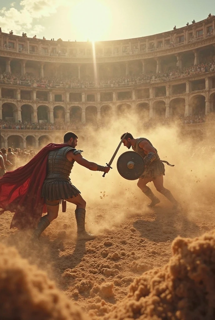 A thin and muscular man, in white thong, kneeling in prayer with eyes closed and a serene expression. Two imposing Roman soldiers, with detailed armor and helmets with red plumes, hold a rusty, menacing saw close to their belly. A soldier holds the top of the saw, the other the lower tip, both with serious and determined expressions. The scene takes place in an arid and rocky environment, with a dramatic stormy sky in the background. Realistic and detailed artistic style, focusing on the tension and drama of the scene