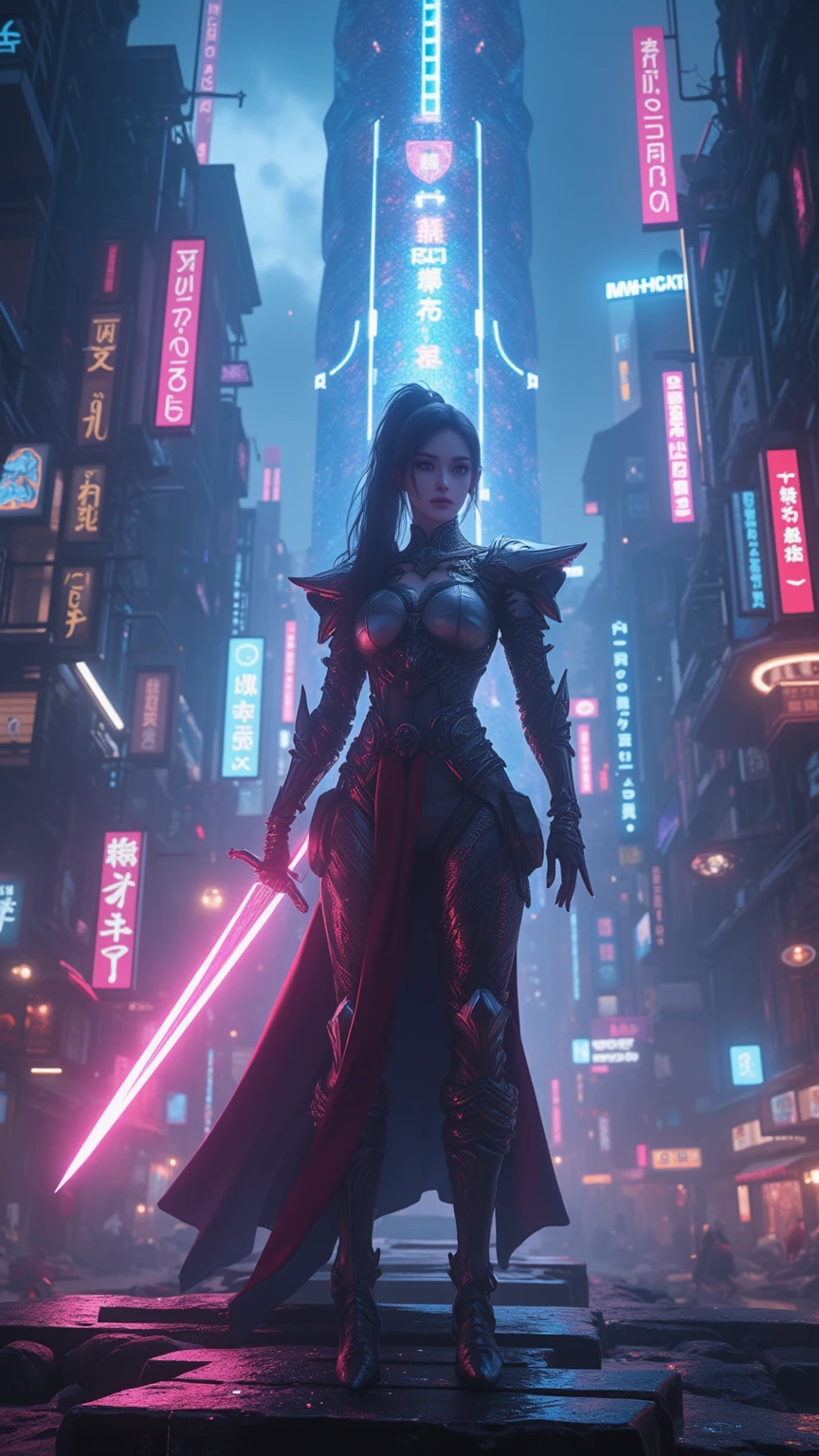 A beautiful modern-day female samurai in a cyberpunk city, holding a (((neon-lit katana sword:2))),and wearing(((armor that glows with electric energy:2))),(((cybernetic enhancements:1.6))),(ethereal fantasy concept art) . painterly, epic, majestic, cover art, best quality, realistic render, unreal engine, lifelike, hyperrealistic, highly detailed, 8 K, hyper detailed, insane details,
