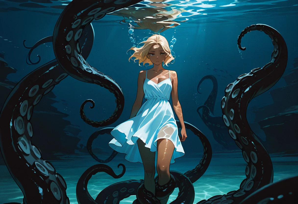 Diving into the Water, Underwater horror, diving photo, masterpiece, great image quality, shadows, super detailed, masterpiece, top quality, film grain, super detailed, movie screenshot, focus on chest, expressive, concept art, dark theme, Beautiful woman, blonde hair, tan skin, wearing a dress, huge tentacles approaching from the deep sea behind her, her water-absorbing dress is difficult to swim in,