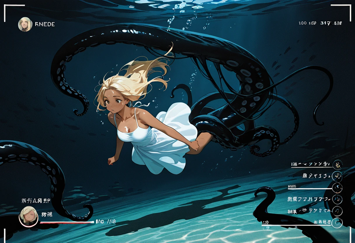 Diving into the Water, Underwater horror, diving photo, masterpiece, great image quality, shadows, super detailed, masterpiece, top quality, film grain, super detailed, movie screenshot, focus on chest, expressive, concept art, dark theme, Beautiful woman, blonde hair, tan skin, wearing a dress, huge tentacles approaching from the deep sea behind her, her water-absorbing dress is difficult to swim in,