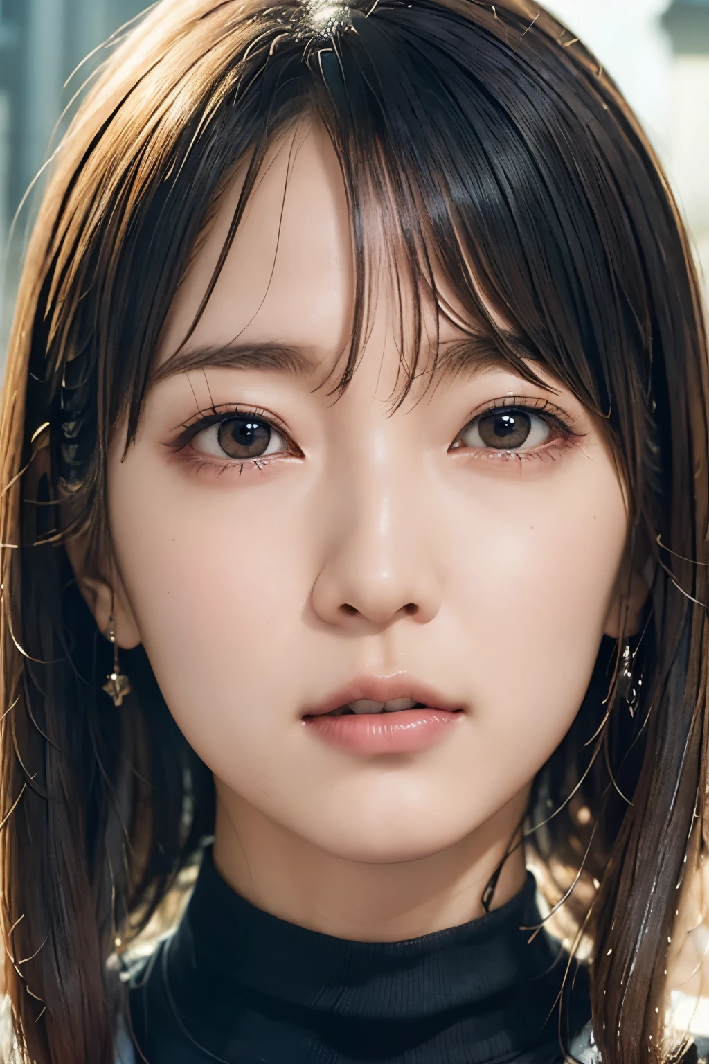 masterpiece, highest quality, 8k, 20th generation, Big Breasts, cute, alone, sad, cute, Girlish,cute 繊細な女の子, cute、Pure beauty, RAW Photos, Professional photography, Portraiture, Soft Light, Professional Lighting, Backlight, Upper Body, avert your eyes, Sophisticated, Film Grain, (Eye and facial details:1.0), Round face、Floating Hair, beautiful, Flowing hair, Asymmetrical bangs、(Big Breasts:1.0)、Navy blue micro bikini、Voluptuous thighs、dolly make、Heterochromia iridis、Midsummer sky、Cumulonimbuidsummer Beach