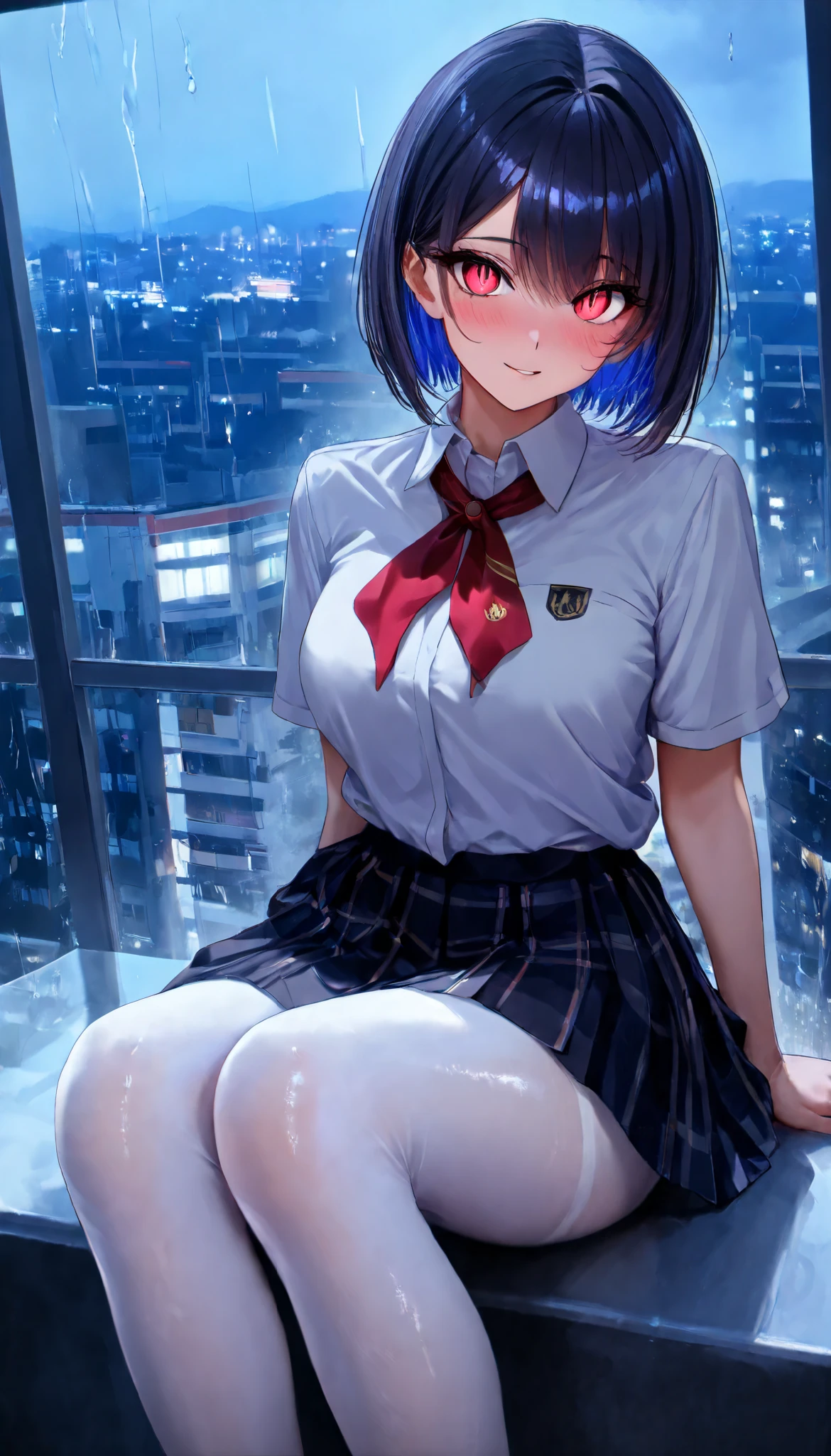 SOLO, A Female ,Perfect body, Shiny skin, (colored inner hair, short hair), Pink insect eye,red slit pupils, Sitting on a Lux Sofa Near the window, (Wearing A White Short sleeves JK Uniform), White Silk pantyhose, In An Apartment room, Yandere, Midnight, (Outdoor torrential rain), UHD, anatomically correct, masterpiece, textured skin, high details, highres, 1080P, 16k, accurate, textured skin, best quality, Beautiful face, Perfect face, Highly detailed beautiful face and eyes, Attractive face, Detailed face, Delicate facial features, Detailed skin