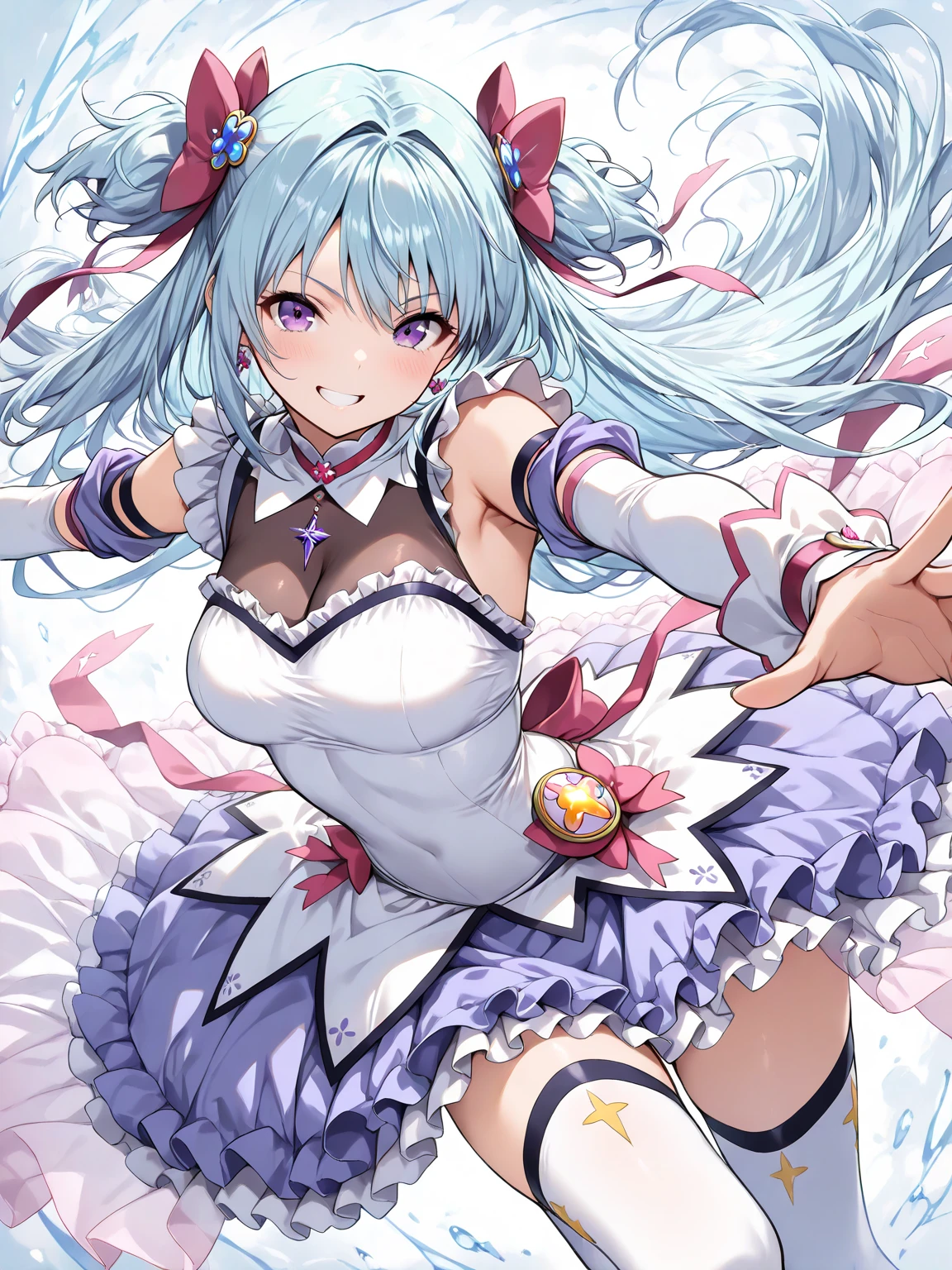 pekora1, rabbit-shaped pupils, (flat color:1.0), blue hair, rabbit ears, pantyhose, white dress, smile, braid, black gloves, upper body, open arms, full body