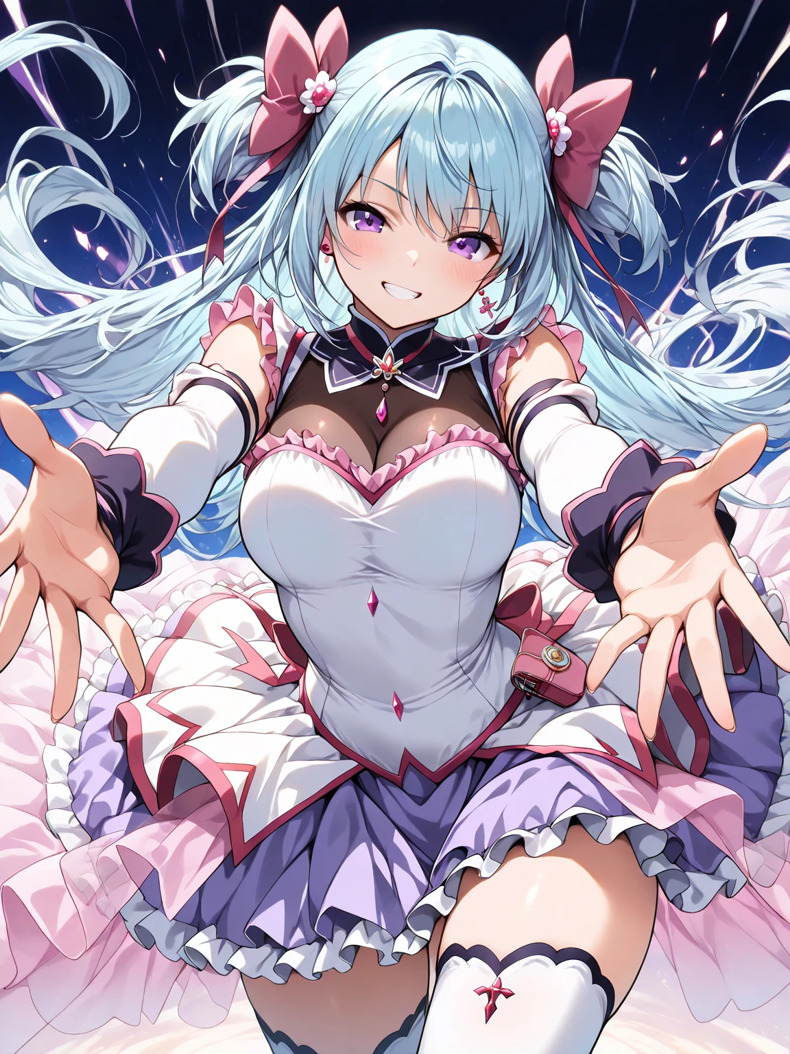 (((anime-style cute face)))、(((20-year-old woman))),(((Light blue twin tails have a lot of hair))),Highest quality, ((Sharp details)), (8k, RAW Photos, Highest quality, masterpiece), (looking at the camera),((((Cute Smile))))、Very big eyes、anatomically correct body、Big thighs、The face is bright、Professional Lighting、Cute little breasts、Put a tiny white top hat on your head、The frilly collar is pink and white、Red ribbon around the neck、The white inner shirt has cute frills、The black and blue leather jacket is fitted and open at the chest.、The flowy pleated mini skirt is lime green and black with separate, vibrant ruffles.、Shiny vertical striped knee-high socks in black and pink、Shiny white leather gloves、Shiny leather wristband in black、On the stage of the concert venue、Spotlights from all sides、Healthy female body、Erotic dance