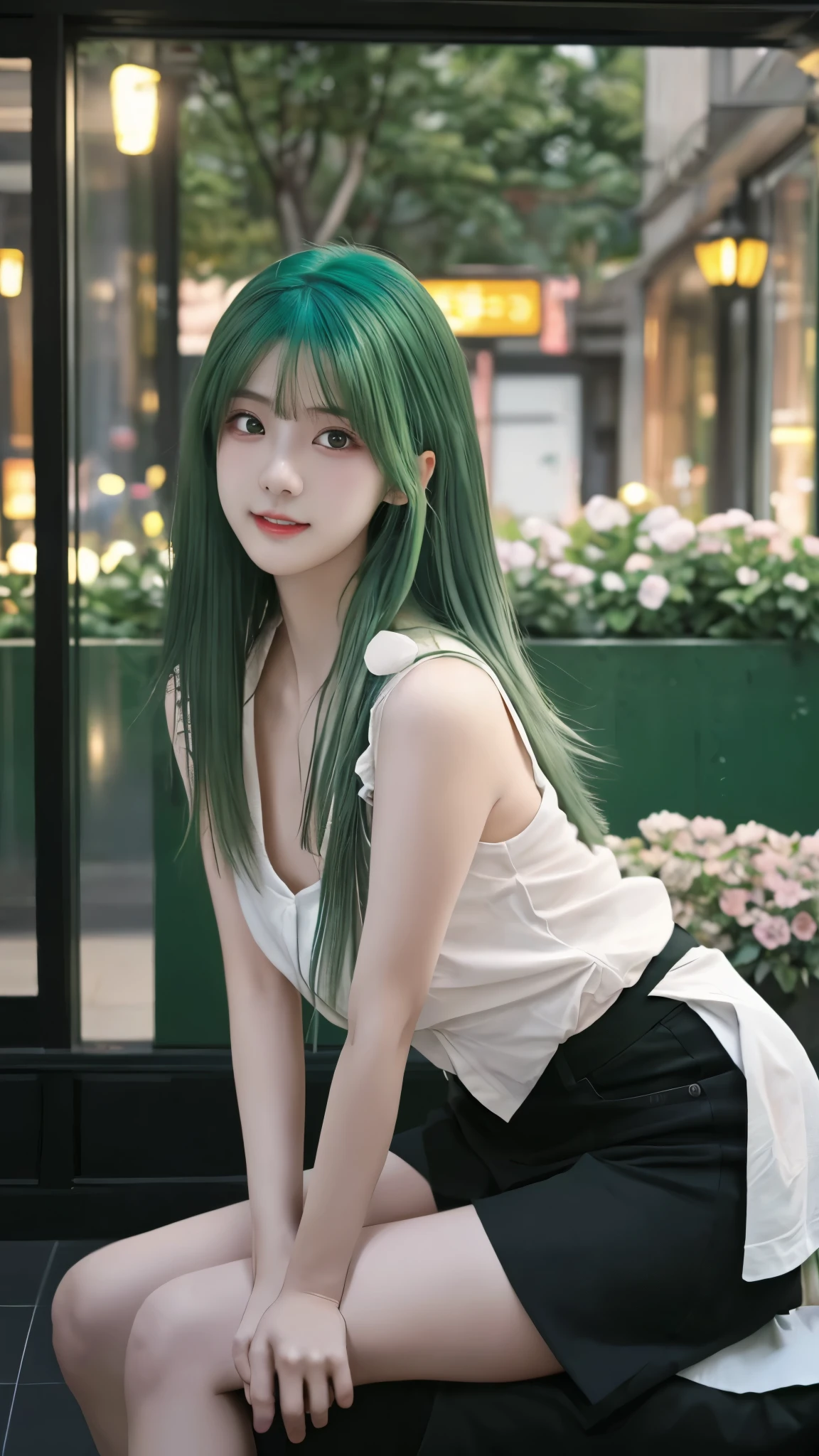 high resolution,超high resolution,8k,Ultra Fine,TOP QUALITY, masterpiece, Super Fine Paintings  , detailed depiction of up to the front door,1 girl, upper body,((素敵な髪型, green hair:1.2)),(Beautiful breasts, Upward bust), similarly , glowing neon lights , intermediate shot,Fujifilm X-T4 + 23mm f/2 Lenses,dusk,Flower Farm,watch viewers, ( detailed legs:1.3, thin thighs,  beautiful feet:1.2), ( detailed hands:1.3, perfect right hand:1.2), ( Detailed Eyes and Faces :1.2,  Professional Shooting Techniques , Professional lighting techniques )