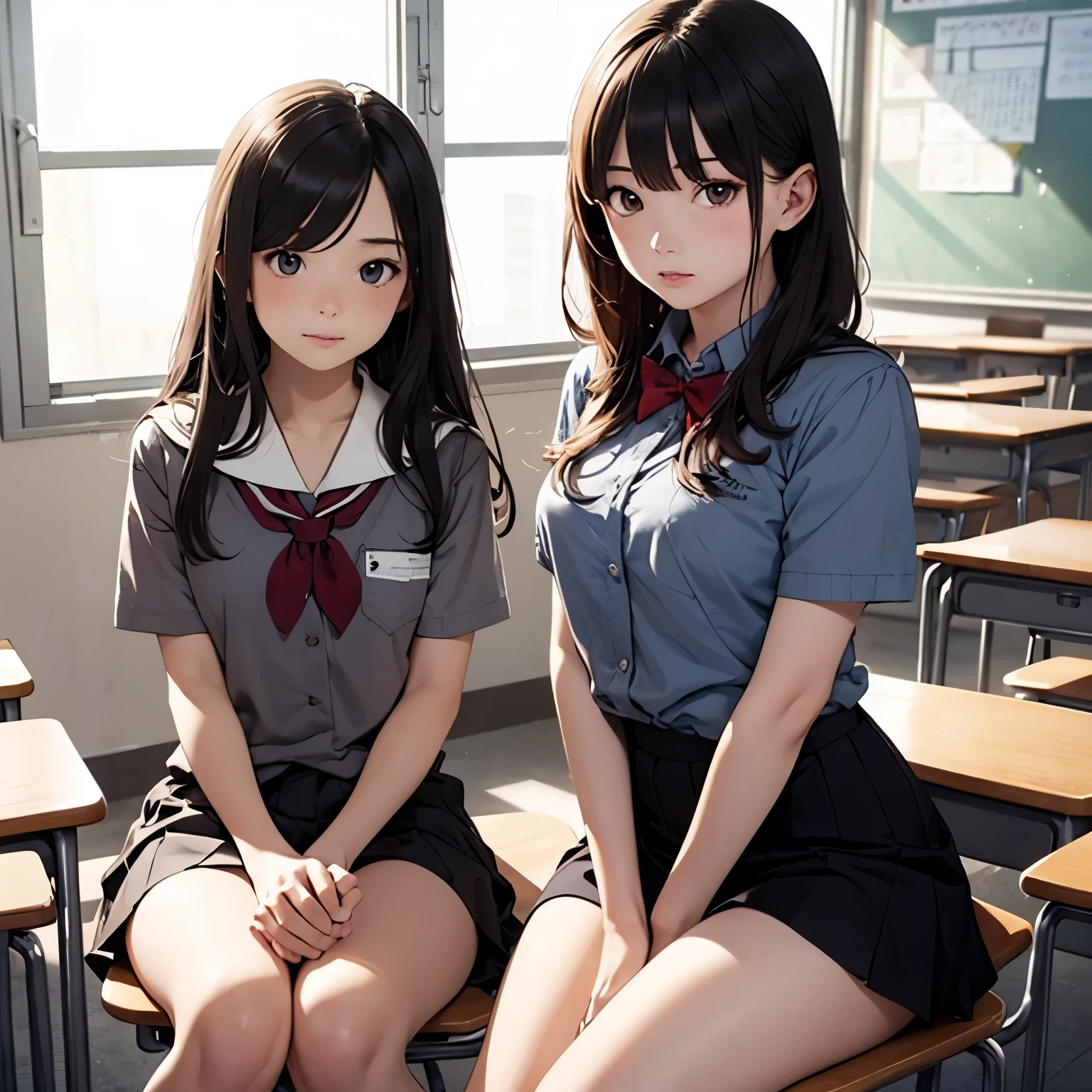 Masterpiece, Best quality, A high resolution, KR1, Brown eyes, Blunt bangs, kibito high school uniform, Skirt, Sweater, Pleated skirt, Socks, Small breasts, Smile, Classroom, Sitting, chair, desk,