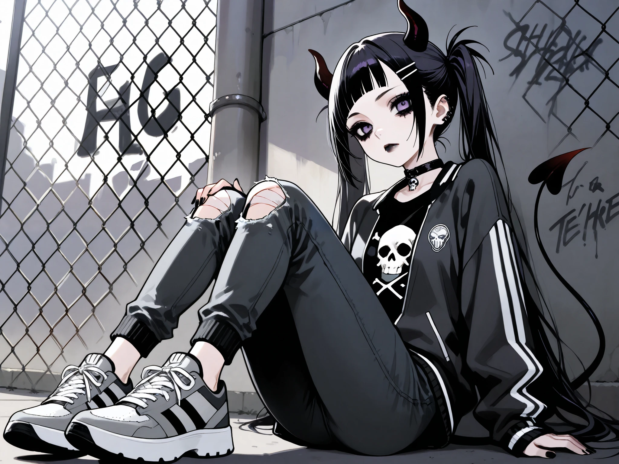 skinny tired girl is belong to emo/goth subculture.  girl has  black-and-white scene hairstyle: long emo bangs that hide half of her face,  long hair gathered in two black high messy spiky long pigtails. She has a lot of hairpins and hair clips on her bangs. Her eyes are purple.  She has black Gothic makeup: black lipstick,black eyeliner and leaking mascara, black eye shadow. She is dressed in a gray torn T-shirt with a skull , a bomber sport-jacket, oversized jeans with ripped holes on her knees, and gray sneakers. Her  palms is bandaged. on her forehead  two obsidian black devil horns,behind her back devilish pointy tail. she is sitting in an alley where the walls are covered with graffiti and the passage is twisted by a chain-link fence.