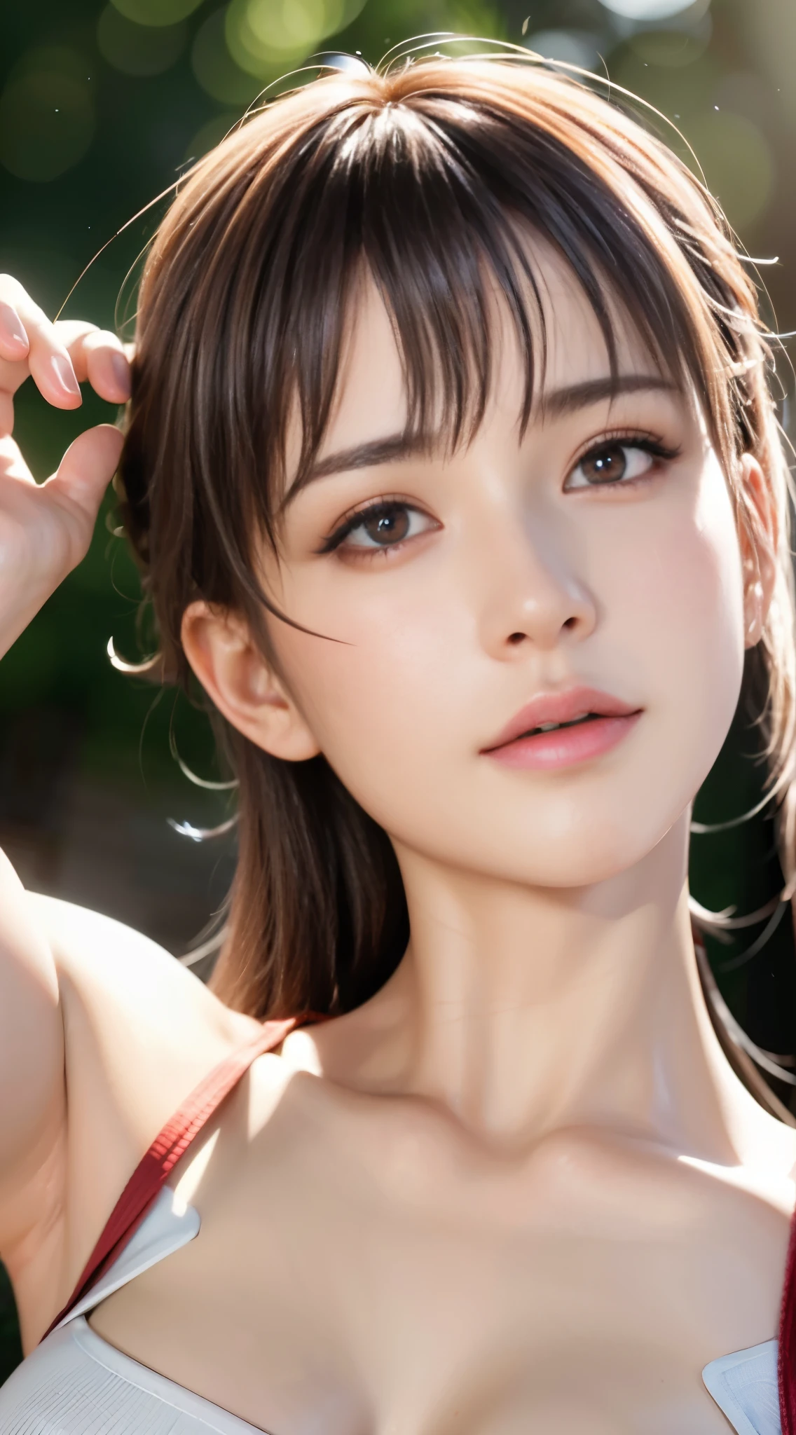 light pink wedding dress,white mini skirt,(sweat:0.7),woman,japanese,cute face, beautiful face,bare shoulders,shoulders all exposed,translucent skin,black eyes,black hair,(photorealistic:1.4),realistic details, high resolution,bokeh,outstanding details