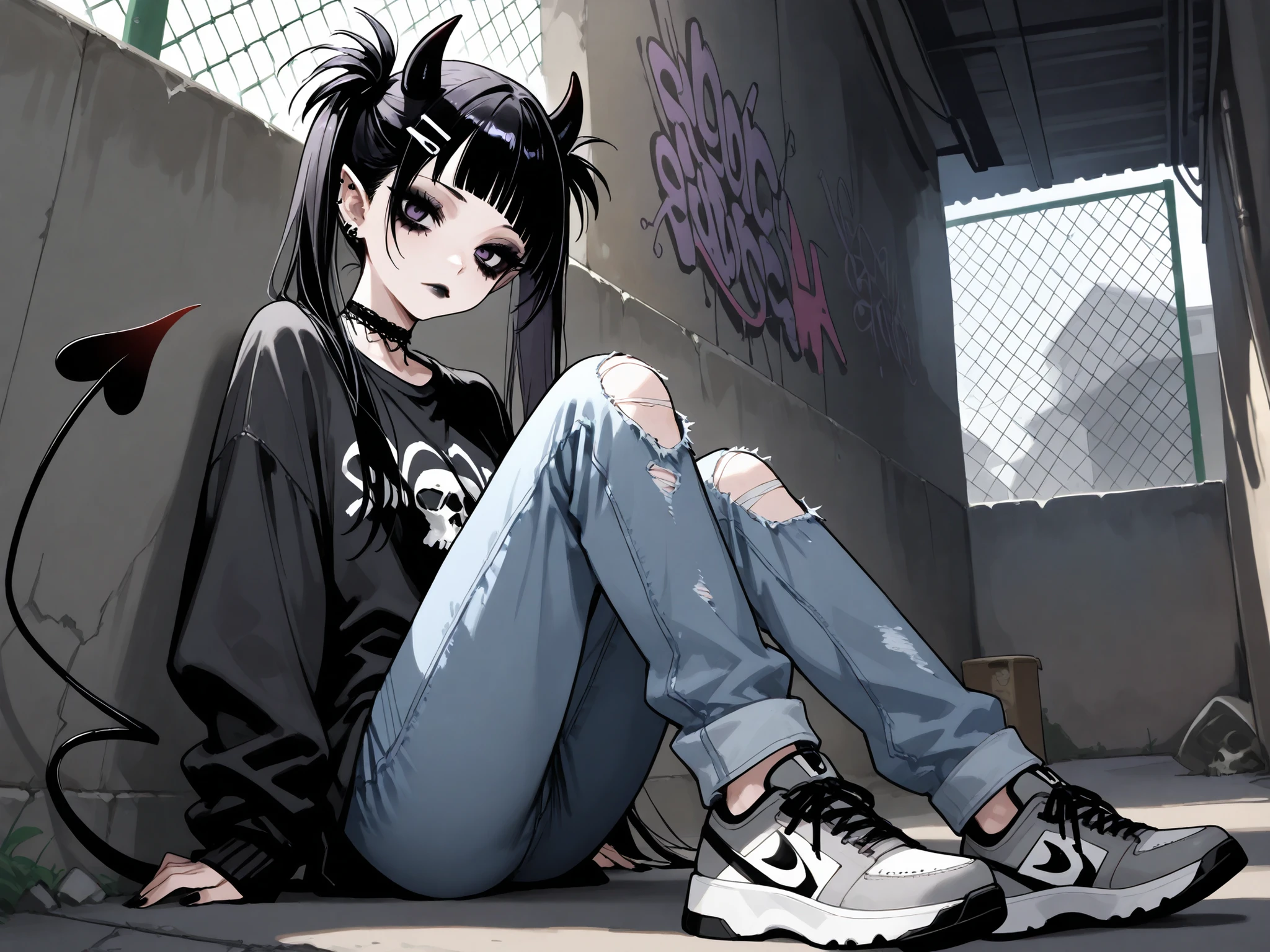 skinny tired girl is belong to emo/goth subculture. girl has black-and-white scene hairstyle: long emo bangs that hide half of her face, long hair gathered in two black high messy spiky long pigtails. She has a lot of hairpins and hair clips on her bangs. Her eyes are purple. She has black Gothic makeup: black lipstick,black eyeliner and leaking mascara, black eye shadow. She is dressed in a gray torn T-shirt with a skull , a bomber sport-jacket, oversized jeans with ripped holes on her knees, and gray sneakers. Her palms is bandaged. on her forehead two obsidian black devil horns,behind her back devilish pointy tail. she is sitting in an alley where the walls are covered with graffiti and the passage is twisted by a chain-link fence.