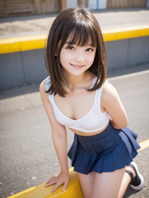 8K,masterpiece,Japanese,,from the front,smile,cute,Innocent face,Innocent,Kind eyes,Childish,Plain T-shirt,Short sleeve,Blue checked short skirt,semi-long,Hair blowing in the wind,Black Hair,Somewhat strong wind,noon,bright,Sitting、M-shaped feet, (Large Breasts:1.2),(Emphasize the chest:1.2), (nsfw:1.4),Expose one breast