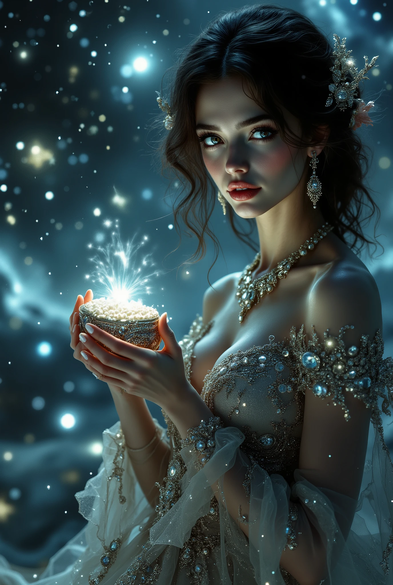 Very beautiful with expressive facial features, beautiful curls, beautiful body shapes, with beautiful breasts , beautiful necklace, very beautiful evening dress sparkles in the starlight of the moon, Night, beautiful sparkling stars, beautifully holds a beautiful pearl box, Very detailed, Masterpiece , 8 k, best quality, complex details, maximum details, maximum resolution , fantasy style, baroque, beautiful color reproduction, beautiful colors , rich colors,
