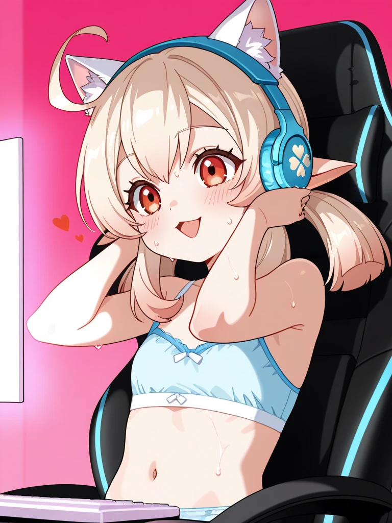 animal_ears, headphones, blonde_hair, Counterfeit_animal_ears, animal_ear_headphones, Cat_ear_headphones, bow, Hello, hair_bow, 前hair, pink_eye, red面, Open_mouth, short_hair, tie, green_tie, red_bow, Cat_ears, red_eye,NSFW,nude,Hotel,small nipples,flat chest