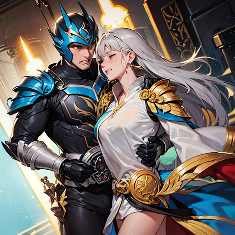 A man with short golden hair slicked back, his face entirely obscured by a Dynastinae concept mask, full mask, cold gaze, clad in an indigo blue fantasy-style Dynastinae concept chest plate, his arms and legs are clad in matching armor, he wears a white undershirt and trousers with golden stripes, standing within a magnificent fantasy-style palace, this character embodies a finely crafted fantasy-style masked light armor warrior in anime style, exquisite and mature manga art style, high definition, best quality, highres, ultra-detailed, ultra-fine painting, extremely delicate, professional, perfect body proportions, golden ratio, anatomically correct, symmetrical face, extremely detailed eyes and face, high quality eyes, creativity, RAW photo, UHD, 32k, Natural light, cinematic lighting, masterpiece-anatomy-perfect, masterpiece:1.5